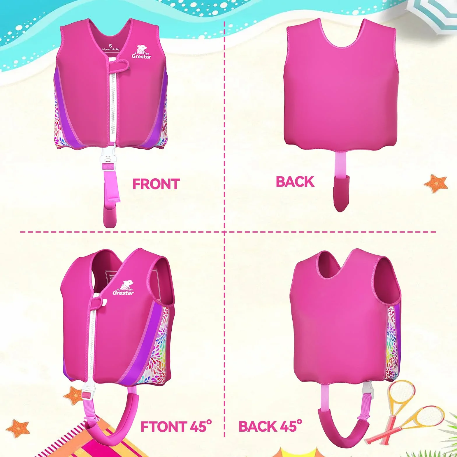 Chaleco Flotador Bebe y Niño Neopreno Grestar 2-6 Años 15-30 kg 8 Paneles Extraíbles Triple Seguridad