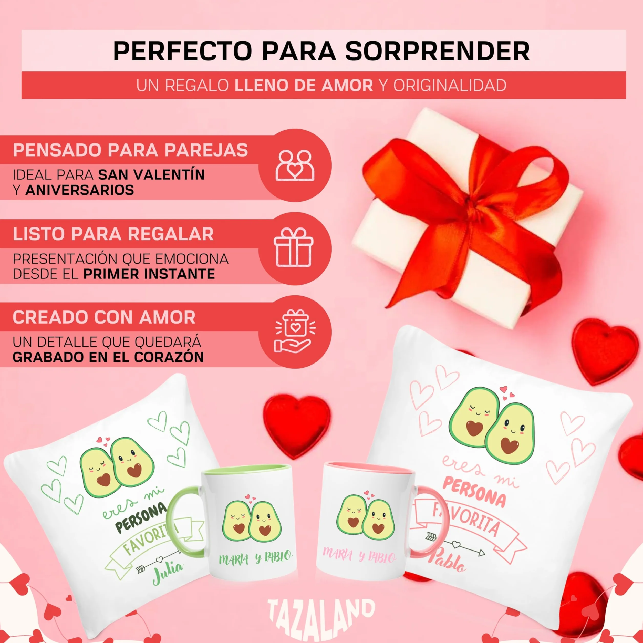 Regalo Personalizado San Valentín | Pack 2 Tazas y 2 Cojines - Aguacates | Regalos Originales Mujer Hombre | Regalos para Parejas, Novia, Novio | Detalles Románticos