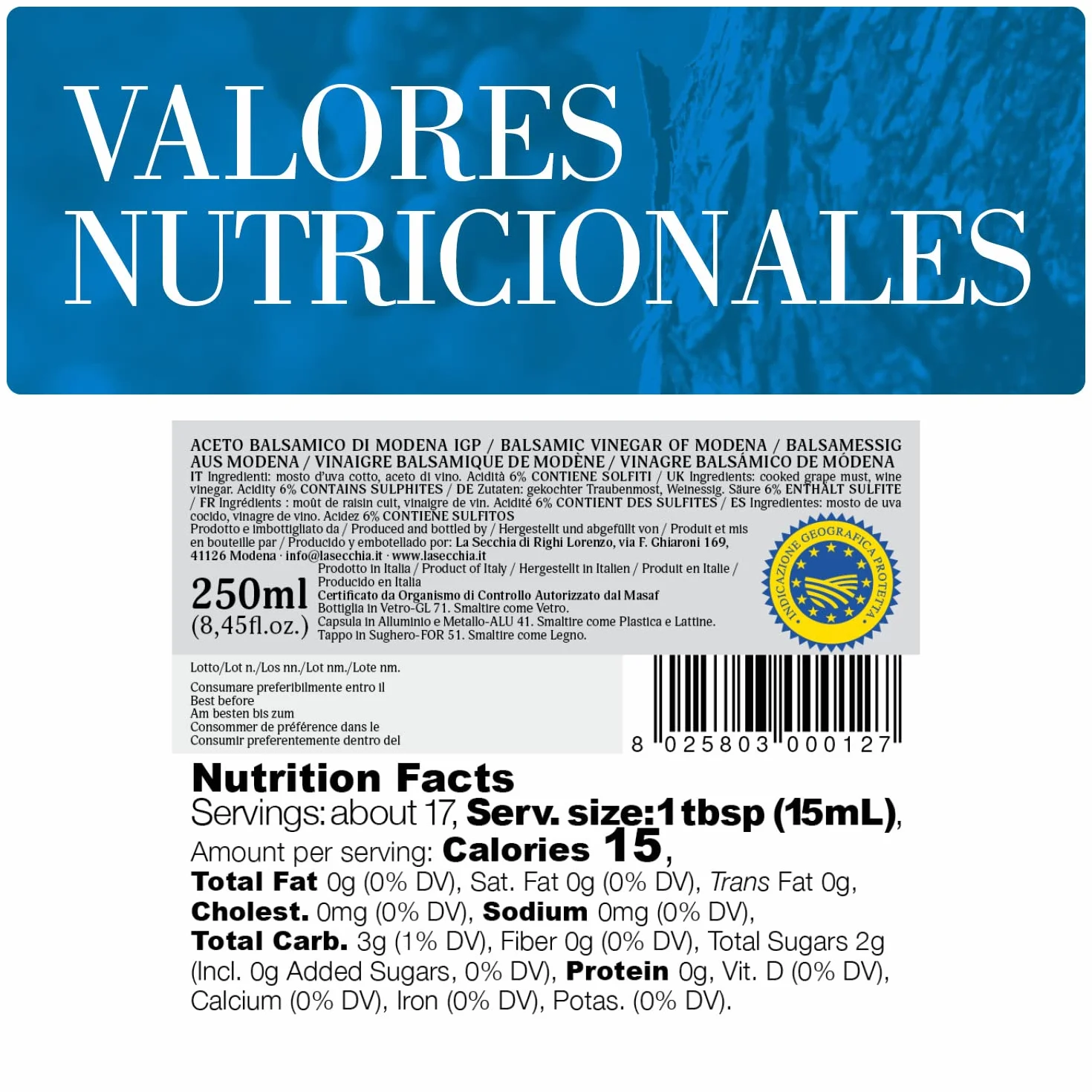 La Secchia - Aceto Balsámico de Módena IGP "Tres Estrellas", madurado en 12 barricas de Cerezo-Morera, densidad media, botella de 250 ml con tapón dosificador de corcho.