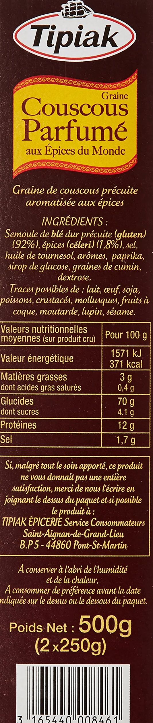 Tipiak Graine de Couscous Parfumé aux Épices du Monde 500 g