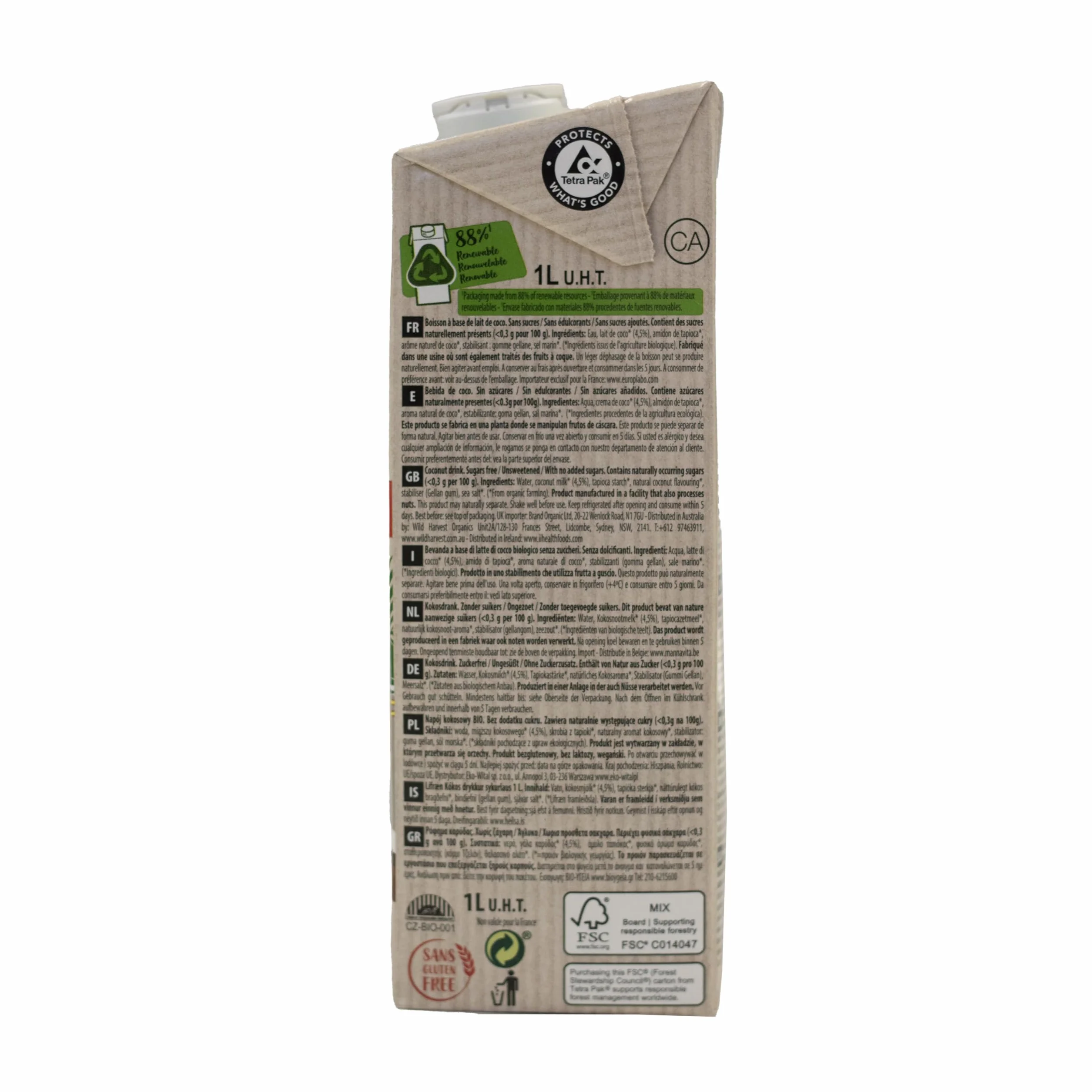 Ecomil - Bebida de Coco Ecológica, Bebida Vegetal, Leche de Coco Bio, Sin Azúcares, Fuente de Calcio, Ingredientes de Agricultura Ecológica - 1L