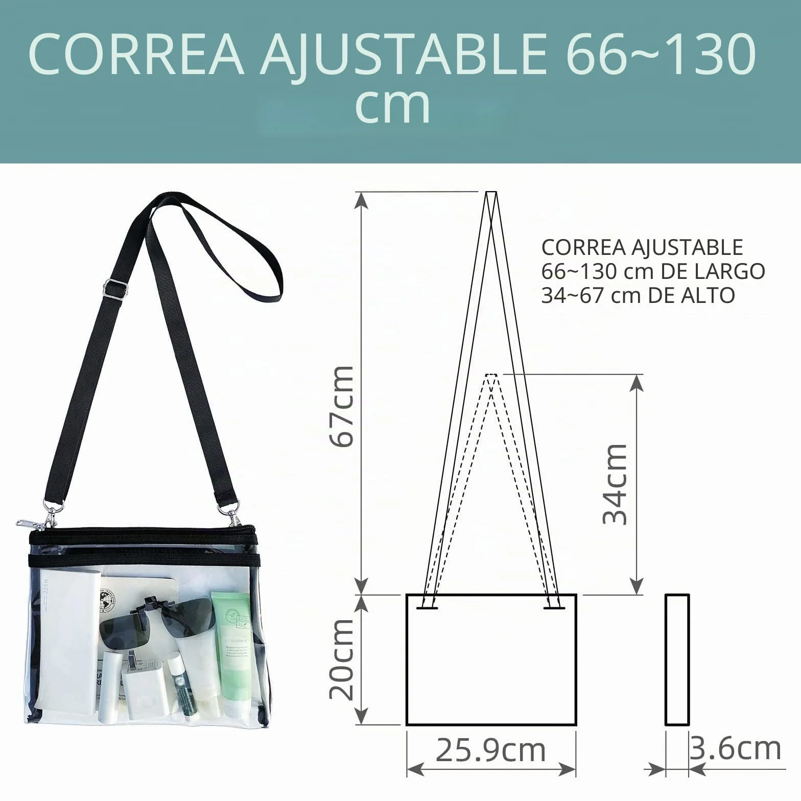 Bolsa cruzada transparente de PVC para estadio, bolso de hombro ajustable para deportes y viajes