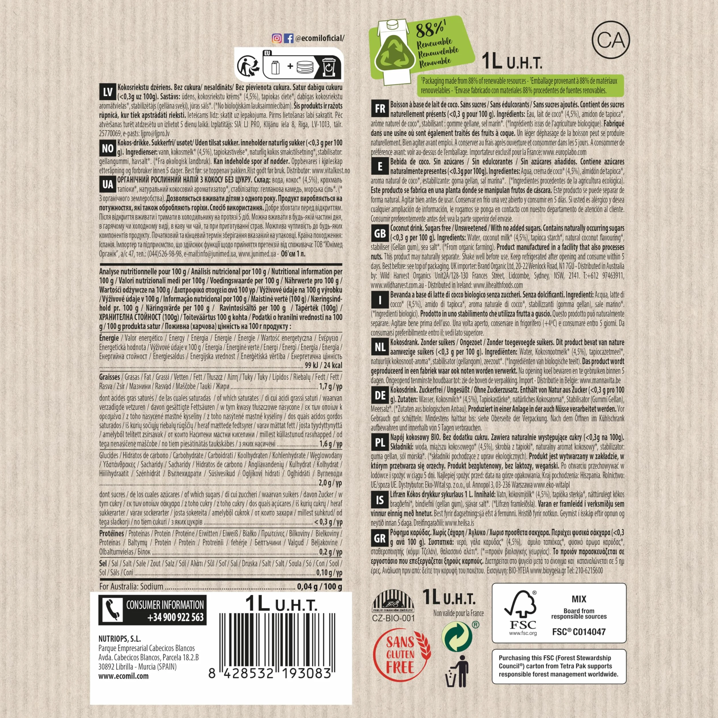 Ecomil - Bebida de Coco Ecológica, Bebida Vegetal, Leche de Coco Bio, Sin Azúcares, Fuente de Calcio, Ingredientes de Agricultura Ecológica - 1L