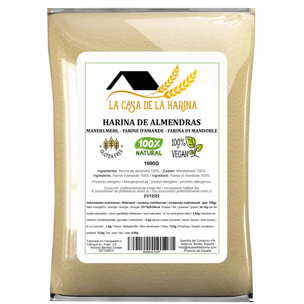 Harina de almendra (1 KG) | PREMIUM | Sin gluten | Apta para dietas Keto (5,4g x 100g carbohidratos) | Vegano | 100% natural | Producto de España