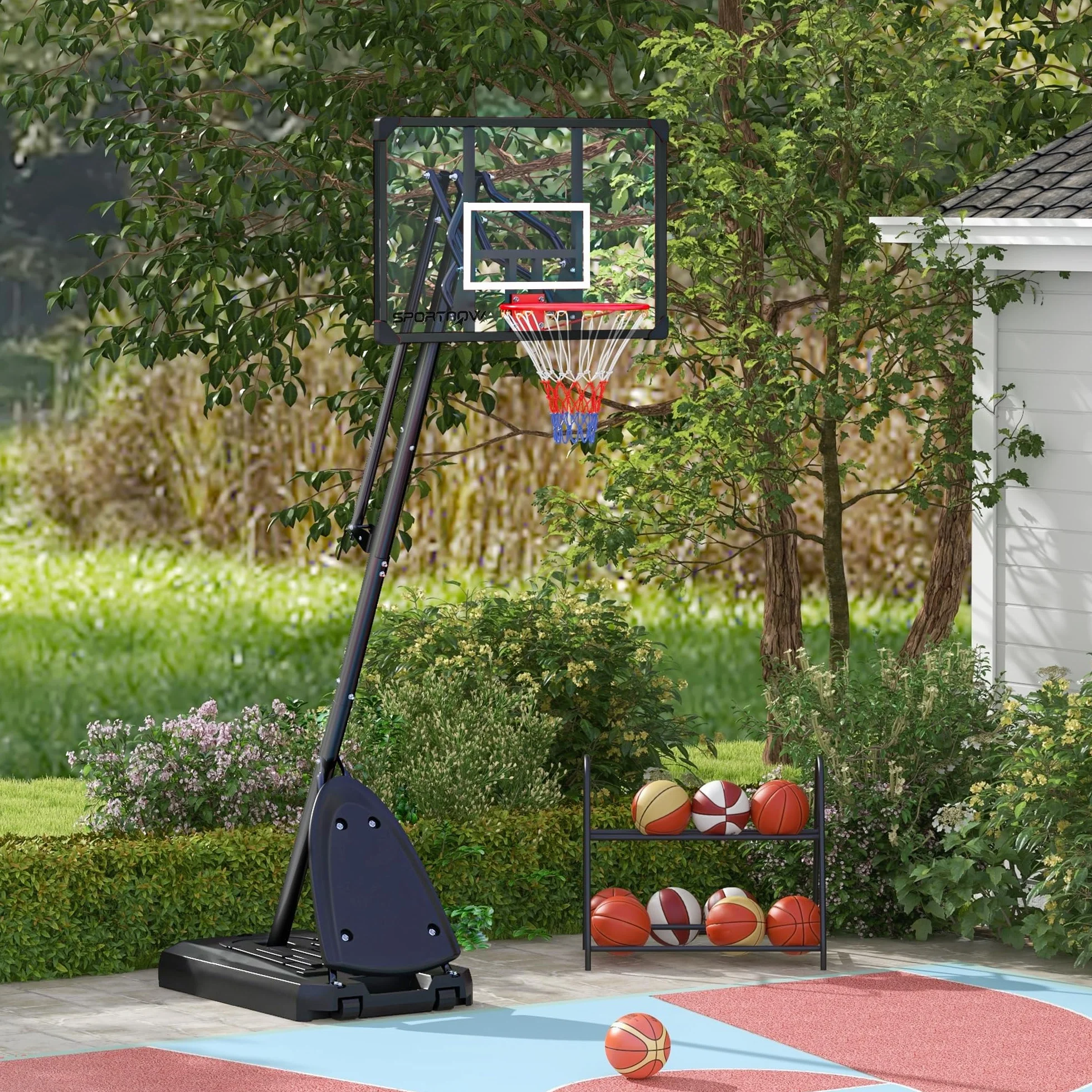 SPORTNOW Canasta de Baloncesto Exterior Altura Ajustable 236-293 cm Tablero PC Aro Ruedas Base Rellenable Negro