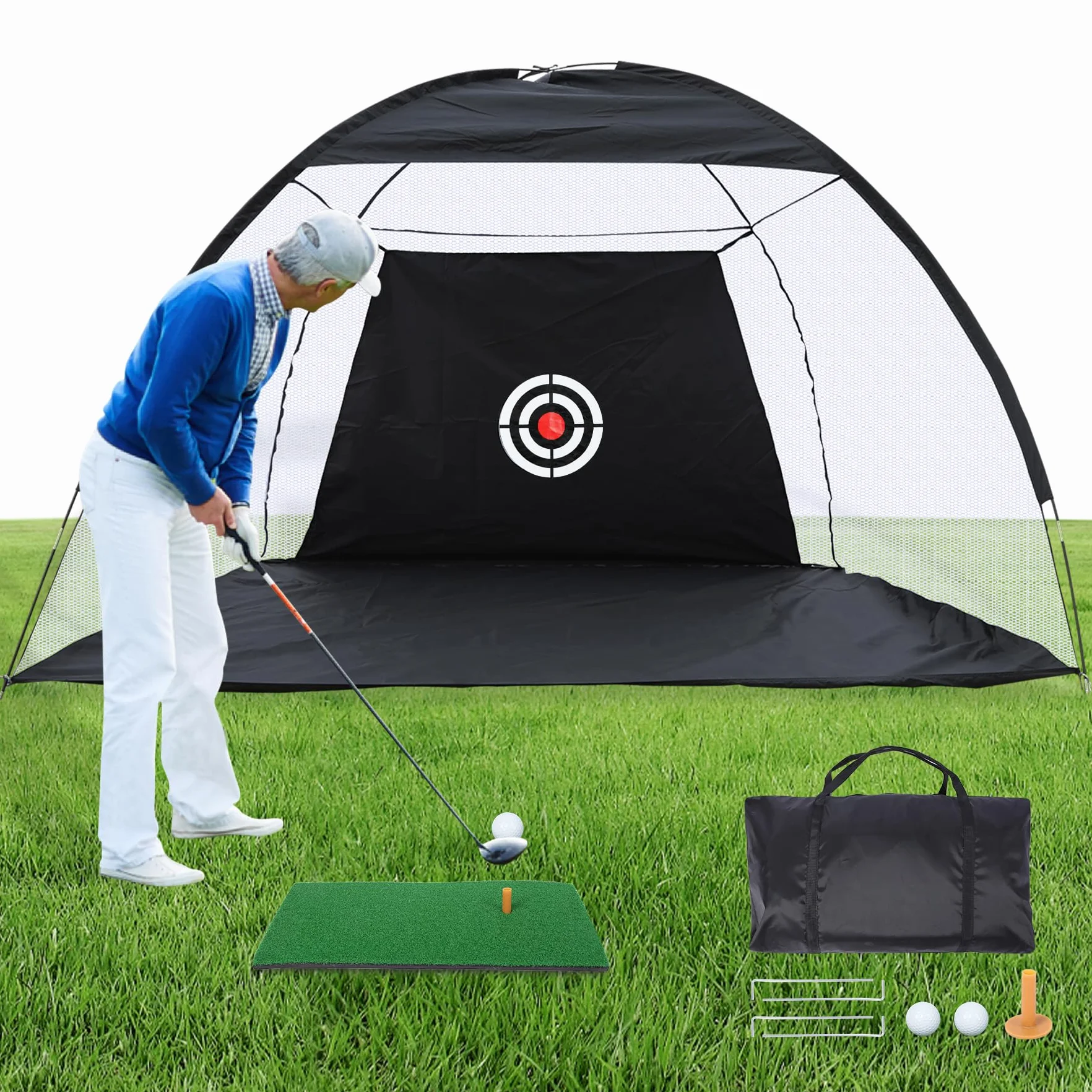 REDCAMP Red de entrenamiento de golf 10x7 pies con césped y estera de impacto