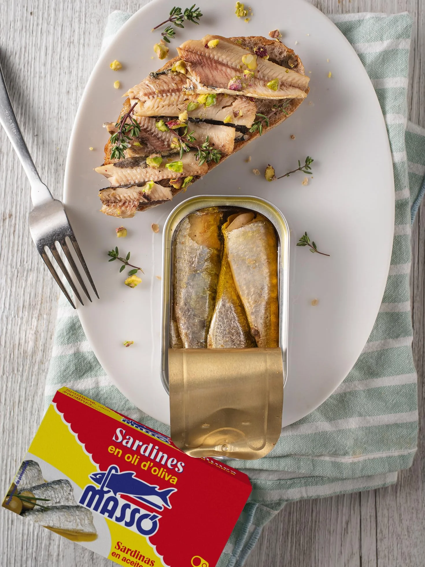 Massó Sardinas en aceite de oliva, 1 pack de 5 latas de 120gr, en catalán.