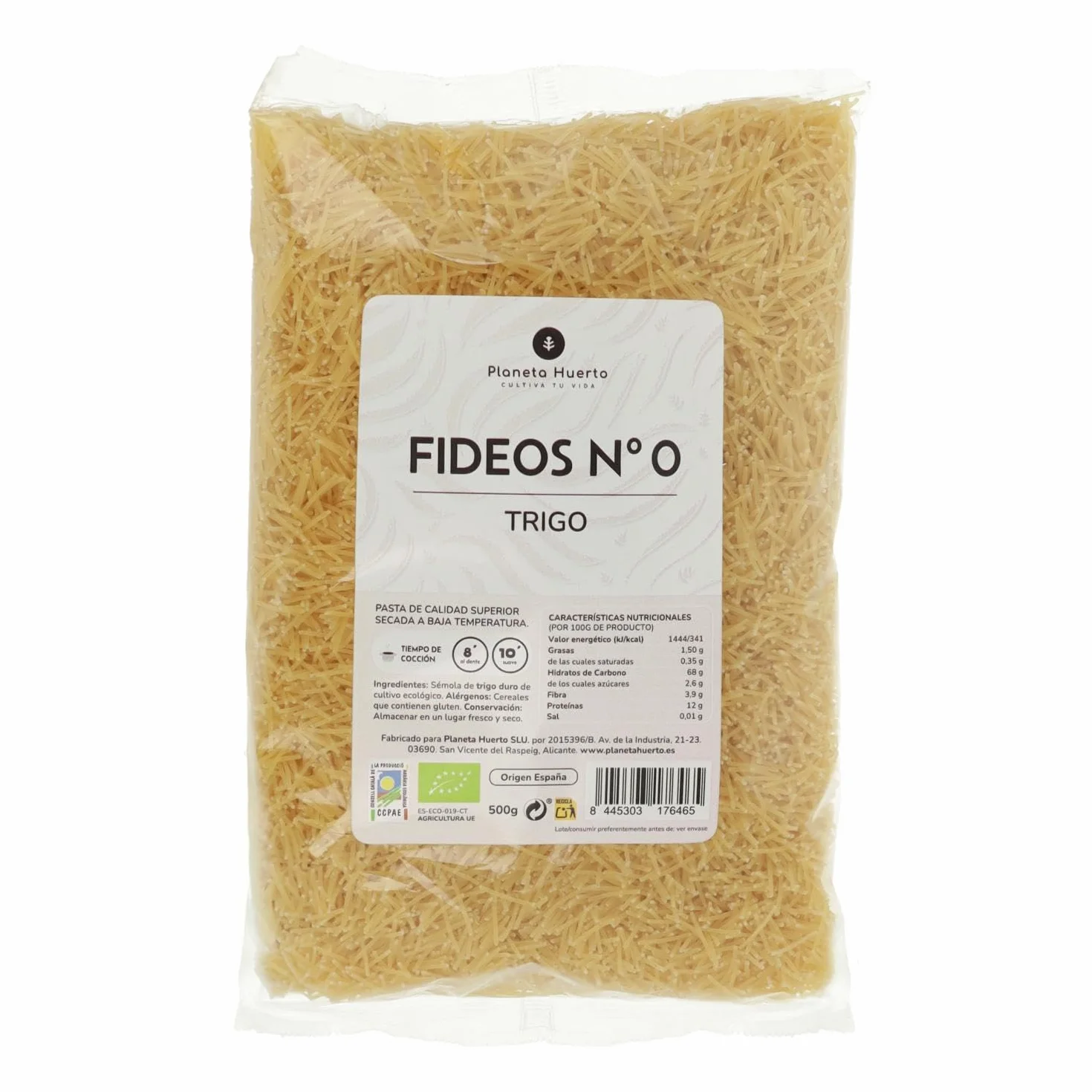 PLANETA HUERTO Fideos Nº0 de Trigo ECO 500 g Pasta Ecológica de Sémola