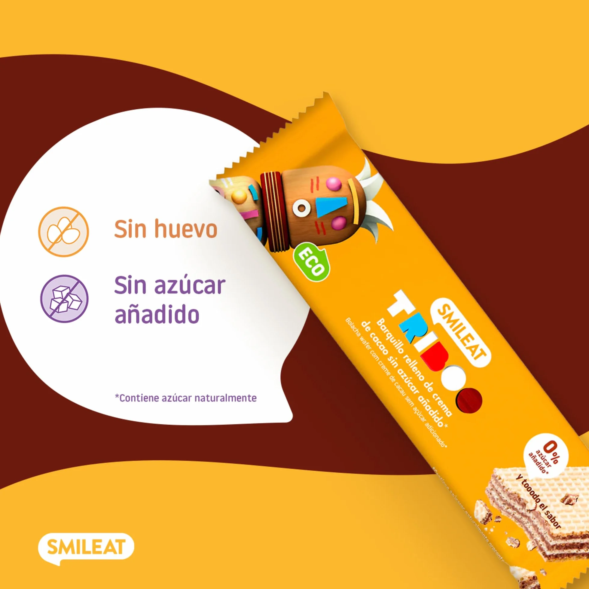 Smileat - Barquillo TRIBOO Relleno de Crema de Cacao - Snack con ingredientes ecológicos - Sin Azúcar Añadido - Merienda Crujiente con alto contenido de fibra