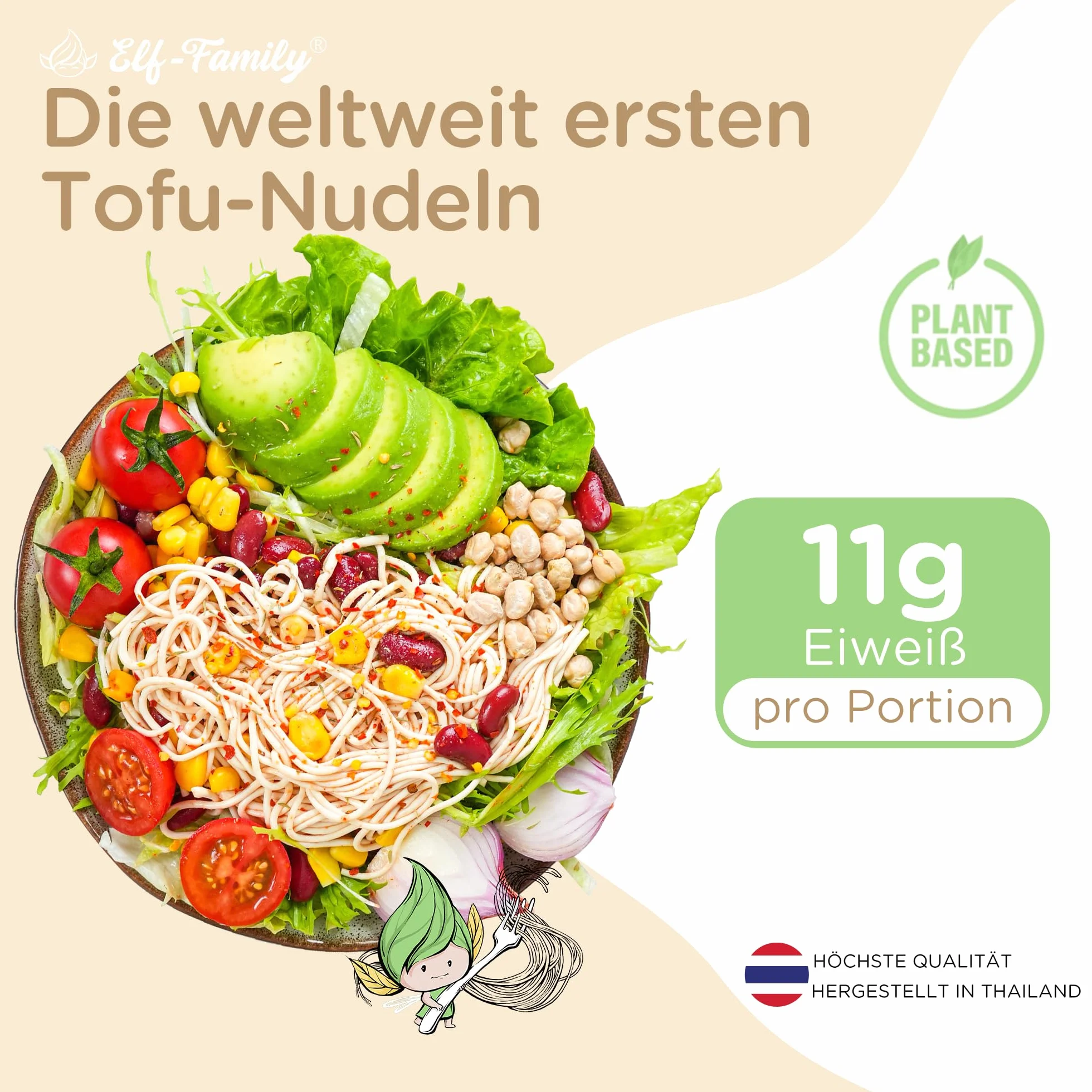Elf-Family Fideos de tofu - (300 g × 6er) Fideos Instantáneos de Alta Proteína, Menos Carbohidratos, Baja en Carbohidratos, Vegana, Preparación Rápida, Auténtica de Tailandia, Baja Grasa y Sin