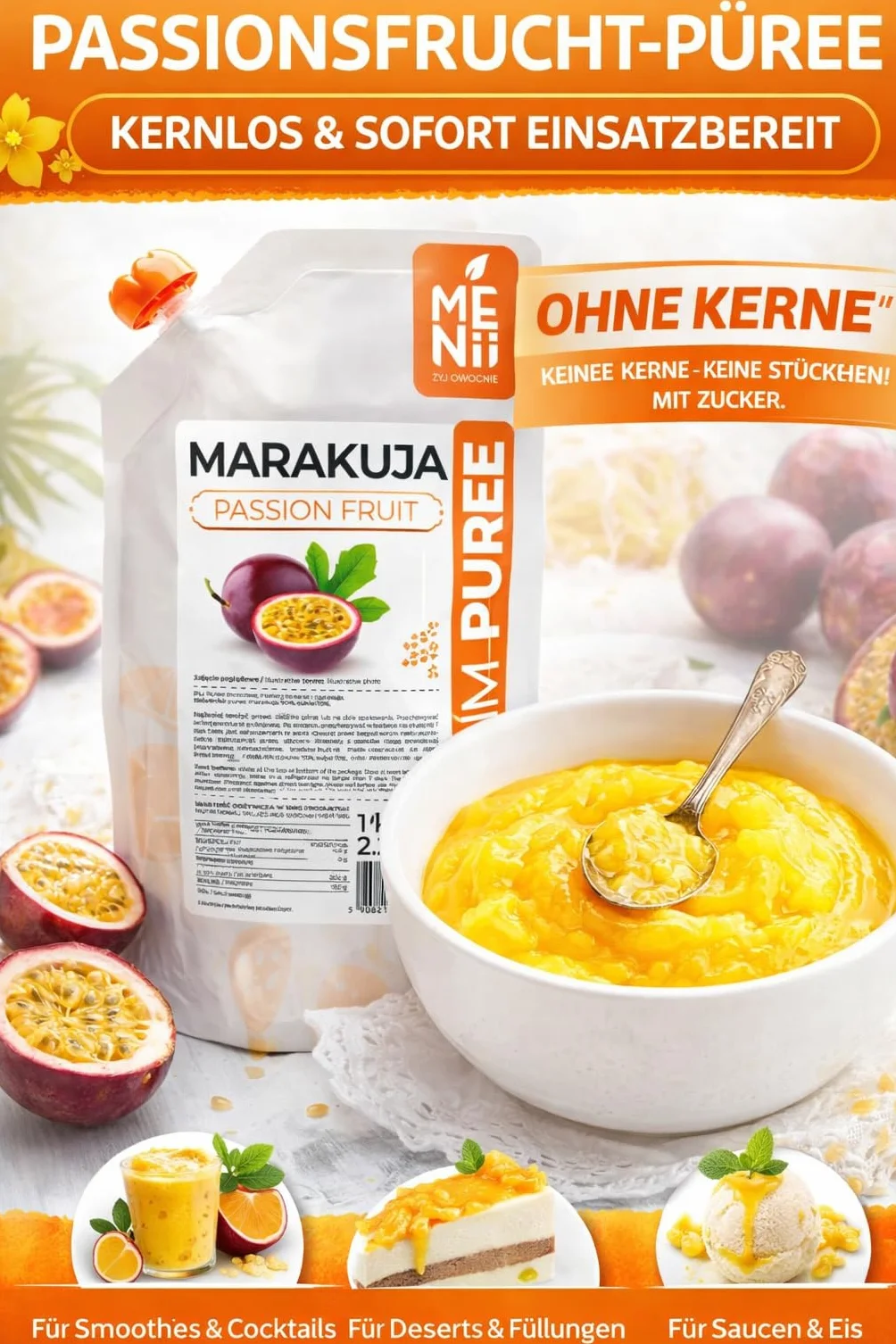 Puré de Maracuyá 1 kg – Fruta de la Pasión para Smoothies, Cócteles, Postres, Helados y Repostería – Sabor Tropical Intenso – Puré Premium