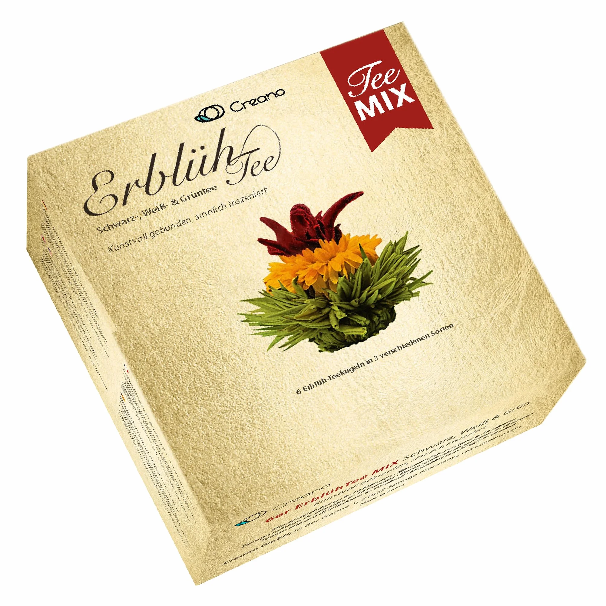 Creano Cofre de Oro Mezcla Flores de Té 6 uds Tetera de Vidrio 500ml Antigoteo Blanco, Verde y Negro