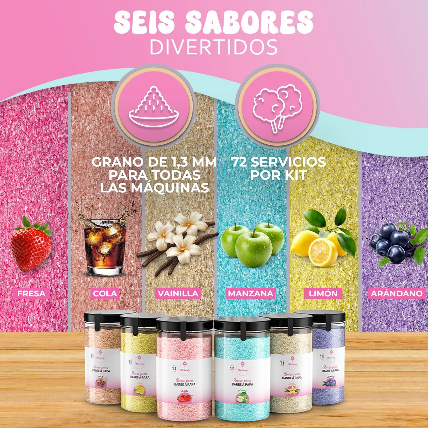 Misskandy® Kit de azúcar de algodón de 6 sabores, 72 porciones - Incluye 50 palitos para máquina de algodón de azúcar - Los sabores incluyen cola, vainilla, fresa, arándano, limón y manzana