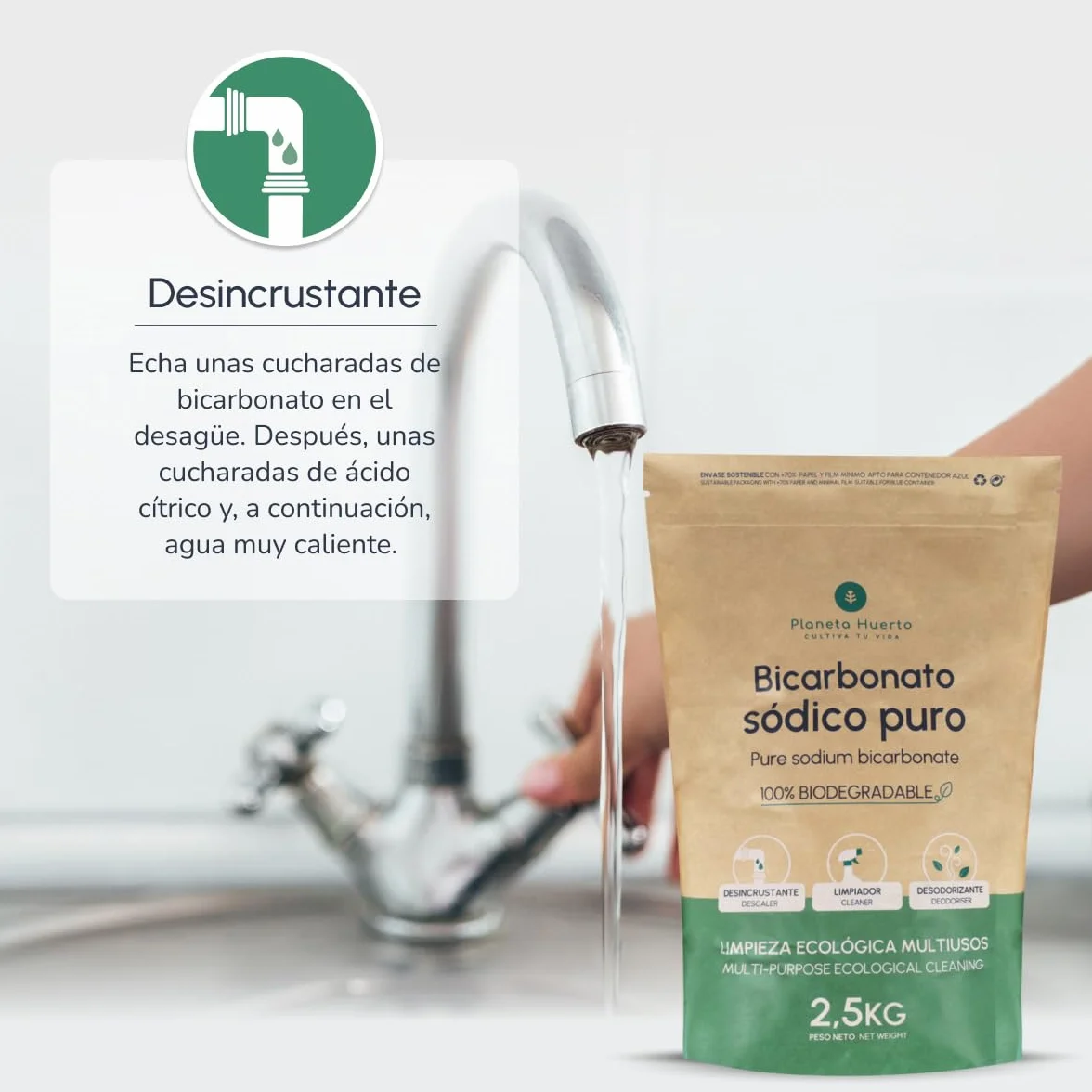 PLANETA HUERTO | Bicarbonato Sódico 1 kg - Multiusos, Hipoalergénico y Ecológico para Limpieza, Cocina y Más