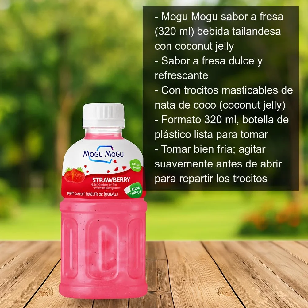 Bebida asiática Mogu Mogu sabor fresa con jelly de nata de coco 320 ml Pack 3 botellas refresco con trocitos masticables, lista para tomar