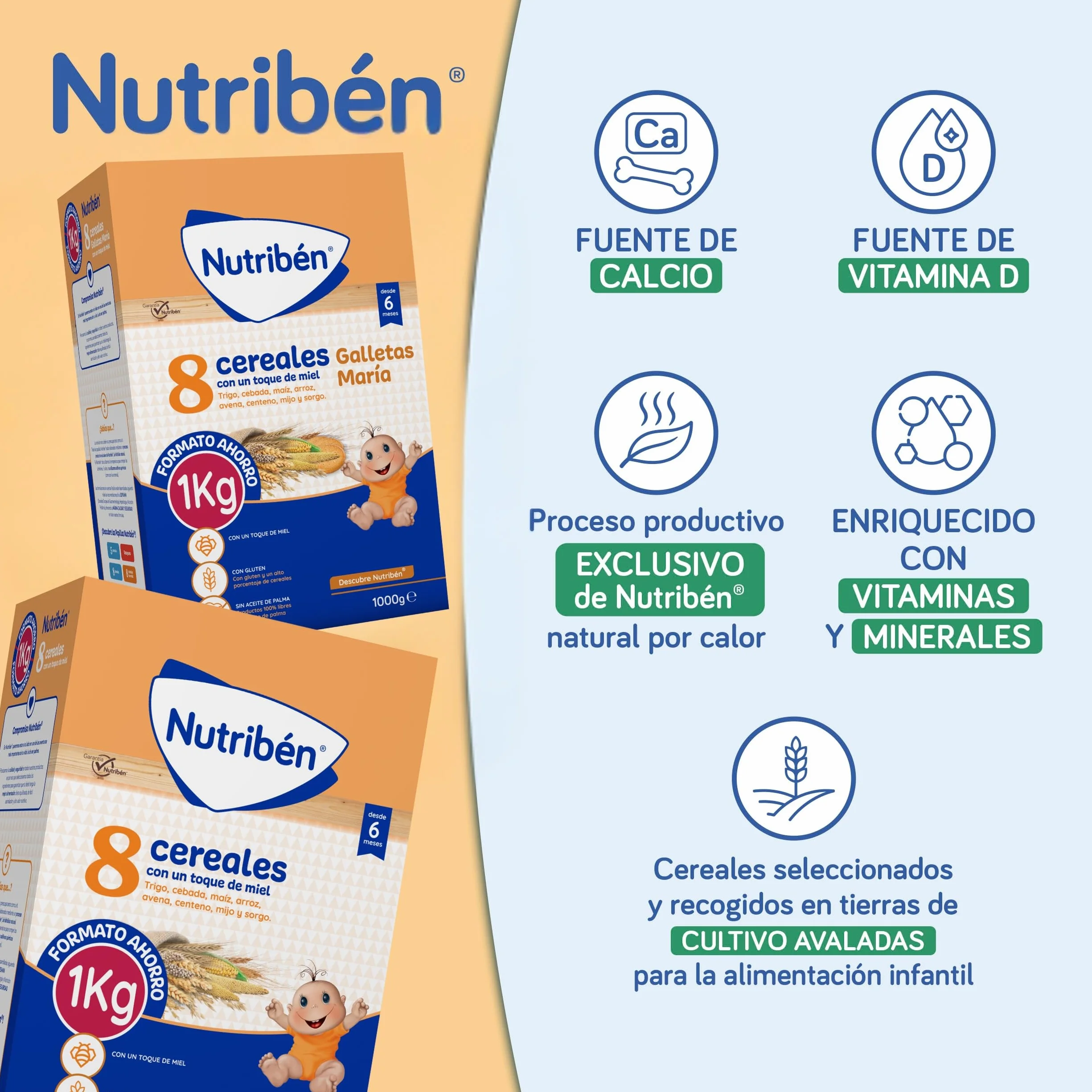Nutribén Papilla 8 Cereales con un toque de Miel y Fibra, 3600g, Alimento para Bebés a partir de 6 meses, Sin azúcares añadidos, Sin aceite de palma, Paquete de 6 unidades de 600g