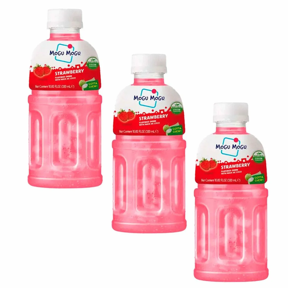 Bebida asiática Mogu Mogu sabor fresa con jelly de nata de coco 320 ml Pack 3 botellas refresco con trocitos masticables, lista para tomar