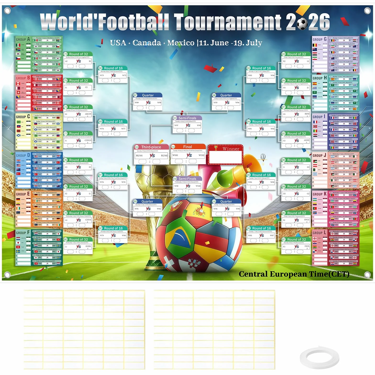 Póster de Calendario Copa del Mundo 2026 150x100 cm 48 Equipos Participantes e Info de Partidos