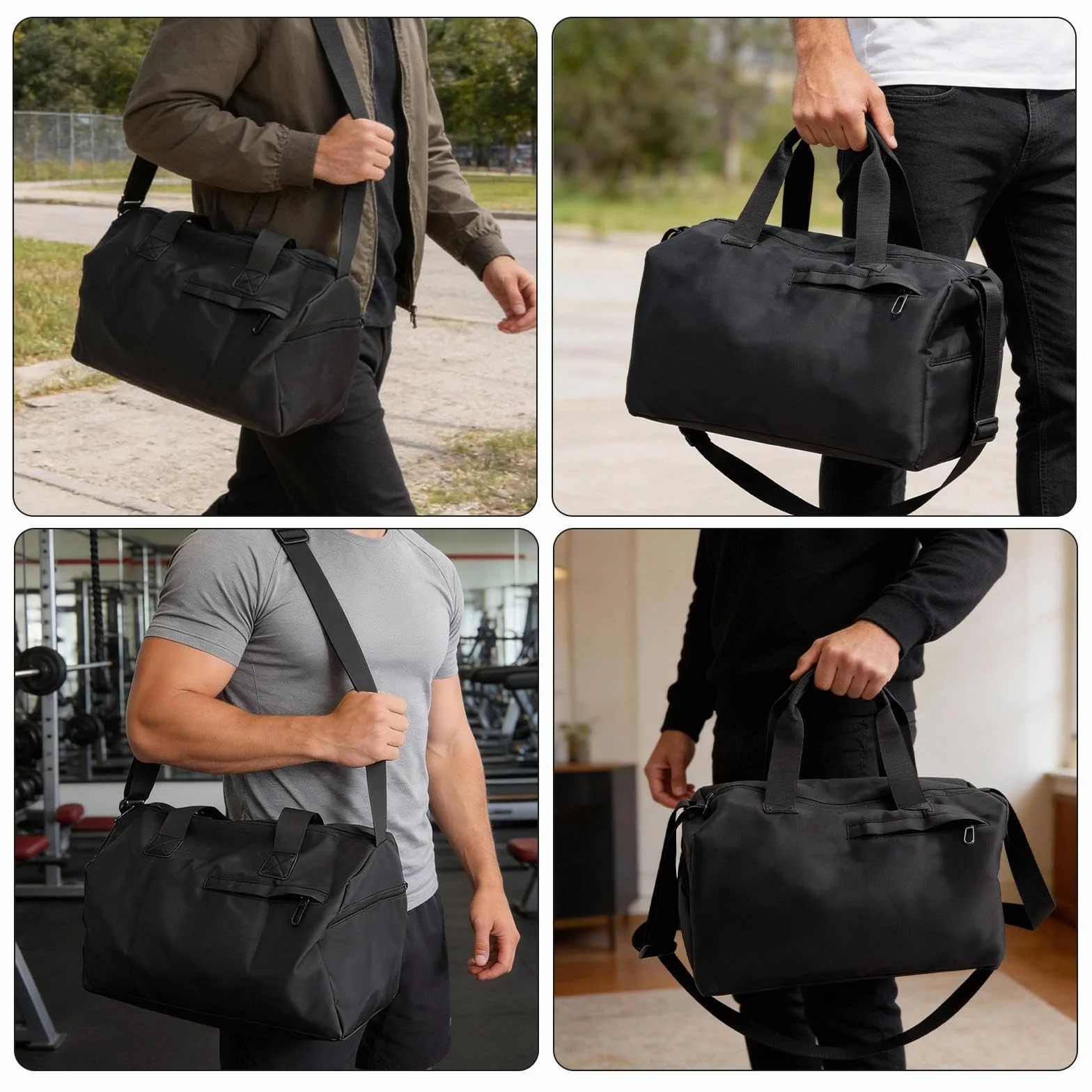 Bolsa de deporte con compartimento húmedo y seco, para zapatos, múltiples bolsillos, negra