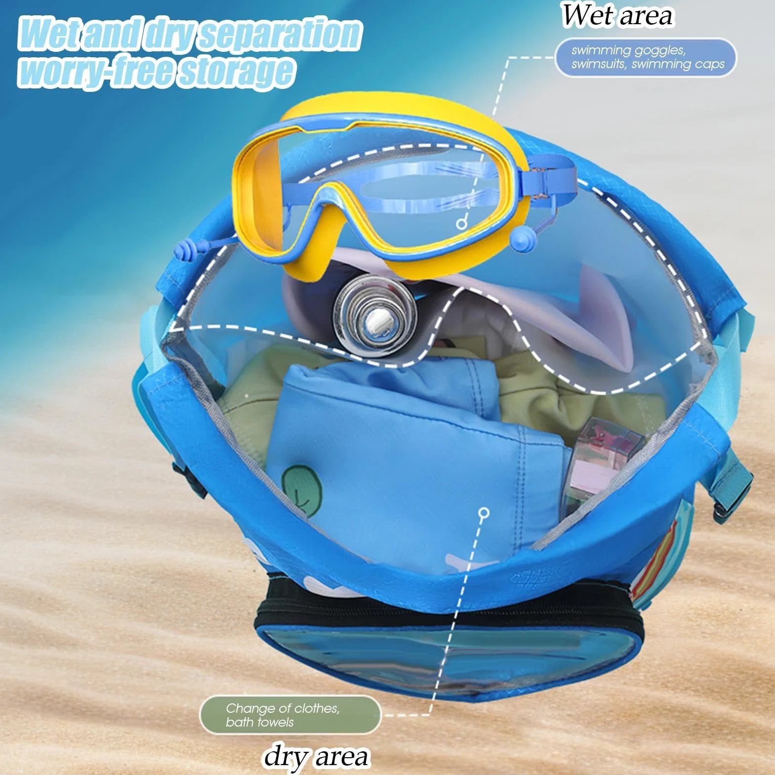 Mochila Impermeable para Niños Bolsa de Natación Compartimento Seco/Húmedo Ligera Cordón Playa Piscina Viajes
