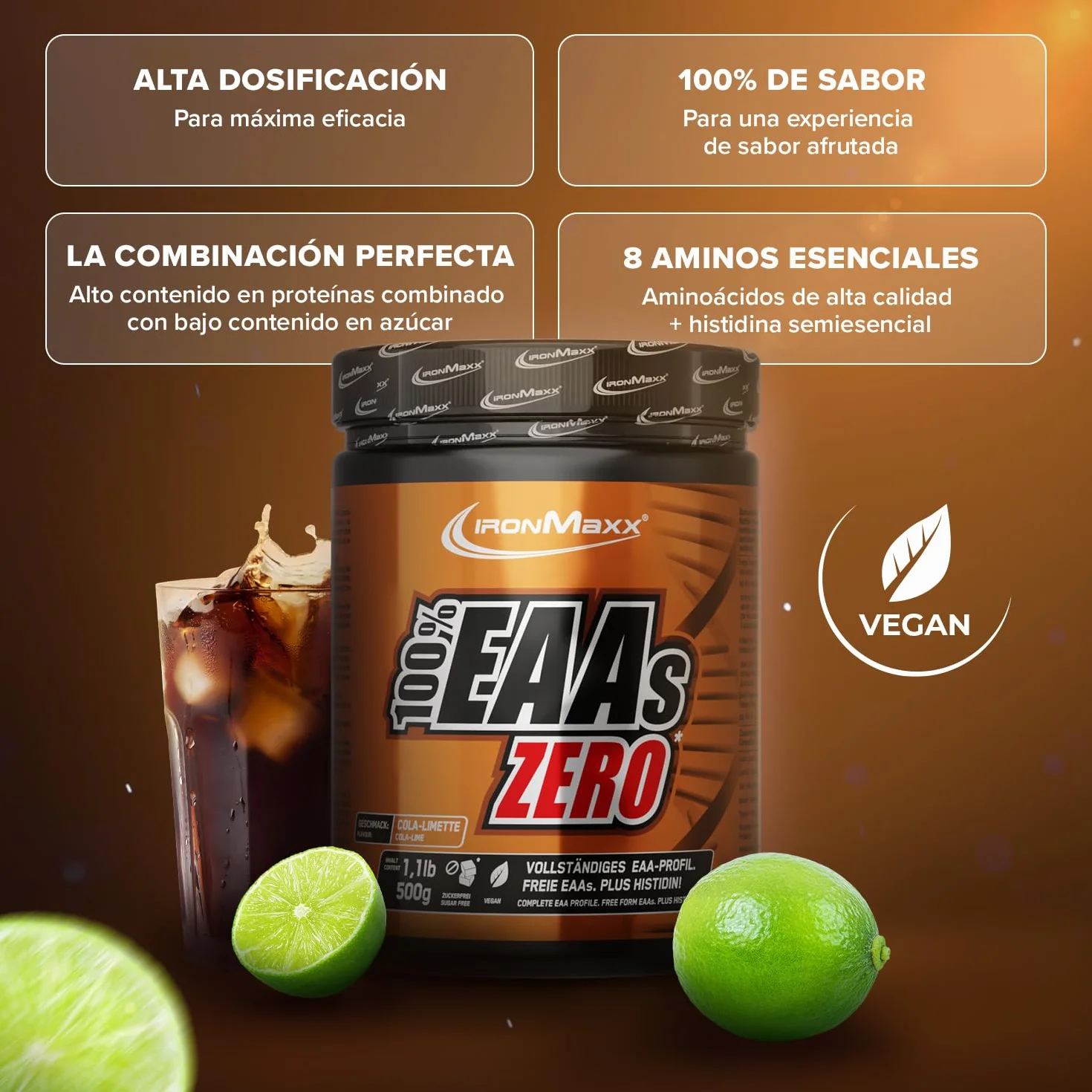 IronMaxx 100% EAAs Cero - Cola Lima bote de 500g | polvo de EAA, vegano y sin azúcares con todos los 8 aminoácidos esenciales | sabor afrutado, sin conservantes