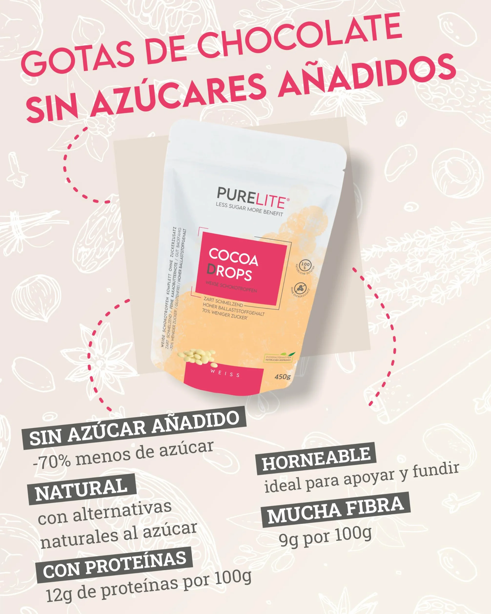 PURELITE Cocoa Drops Mix Bundle – Gotas de chocolate con leche, negro y blanco sin azúcares añadidos, con eritritol y estevia, 3 x 450 g