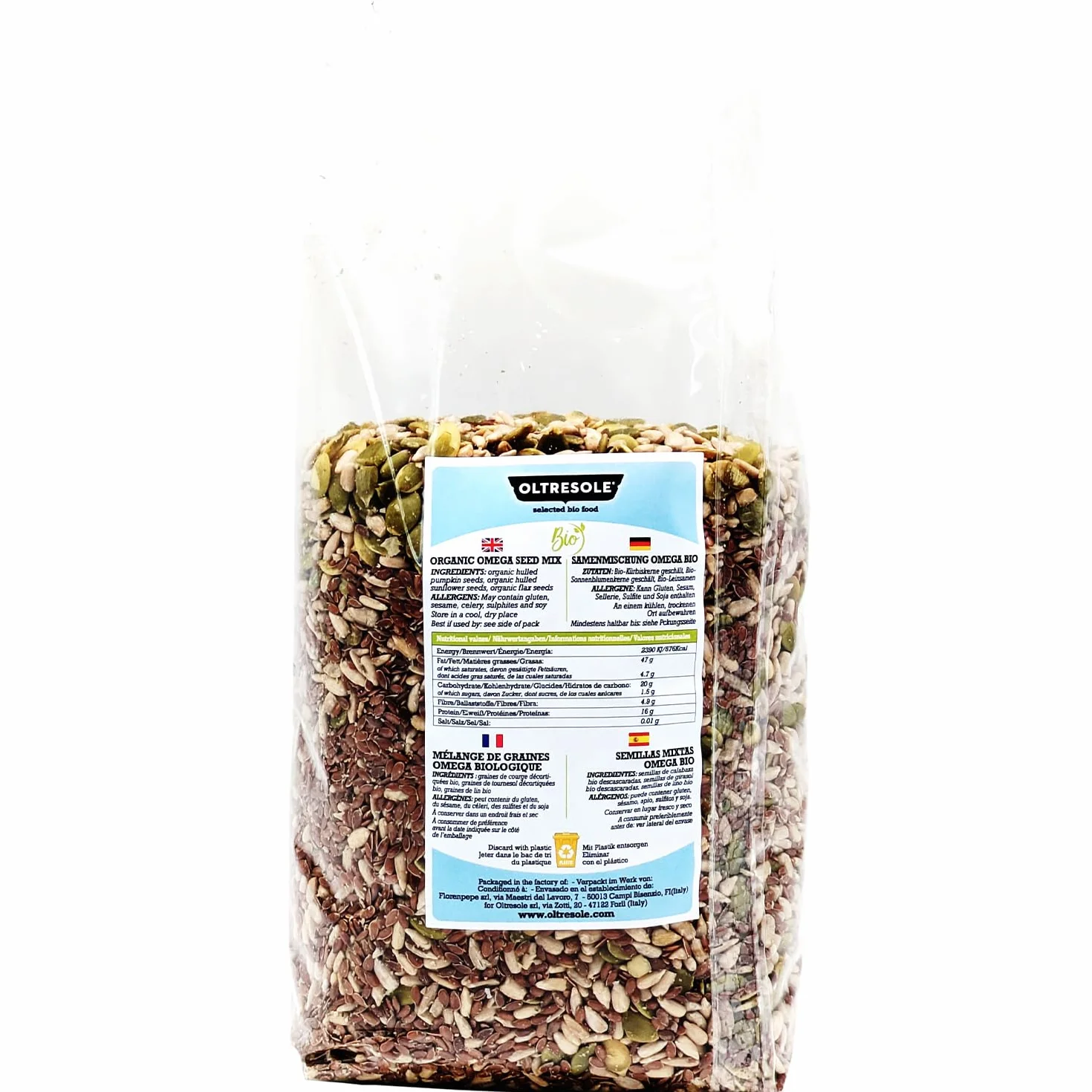 Oltresole, Mezcla De Semillas Omega Ecológicas 1 Kg (Calabaza, Girasol Y Lino), Mezcla De 3 Semillas Oleaginosas Crudas Enteras, Ricas En Proteínas, Fibra Y Omega 3