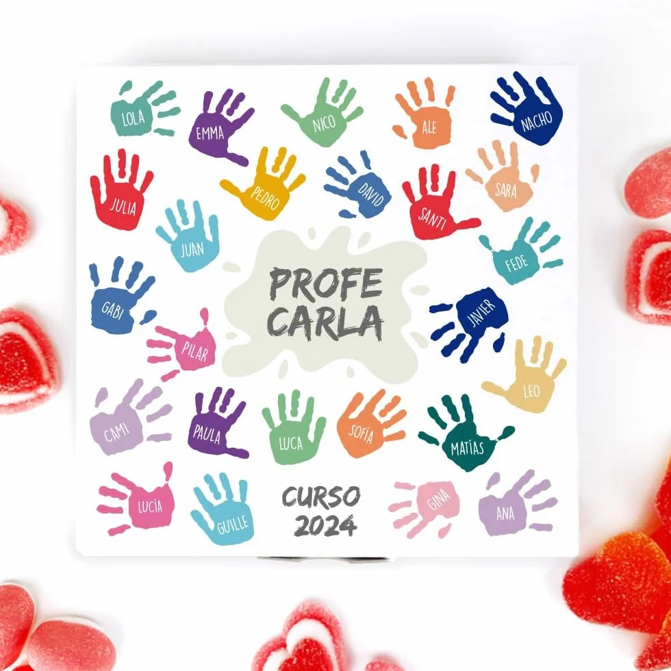 Transparent Gift Caja de Dulces Personalizada con Nombres y Texto Manos de Colores Pequeña. Regalos Originales para Profesores. Caja para Chuches. Regalos para Mujer y Hombre. Cumpleaños, Fin de Curso