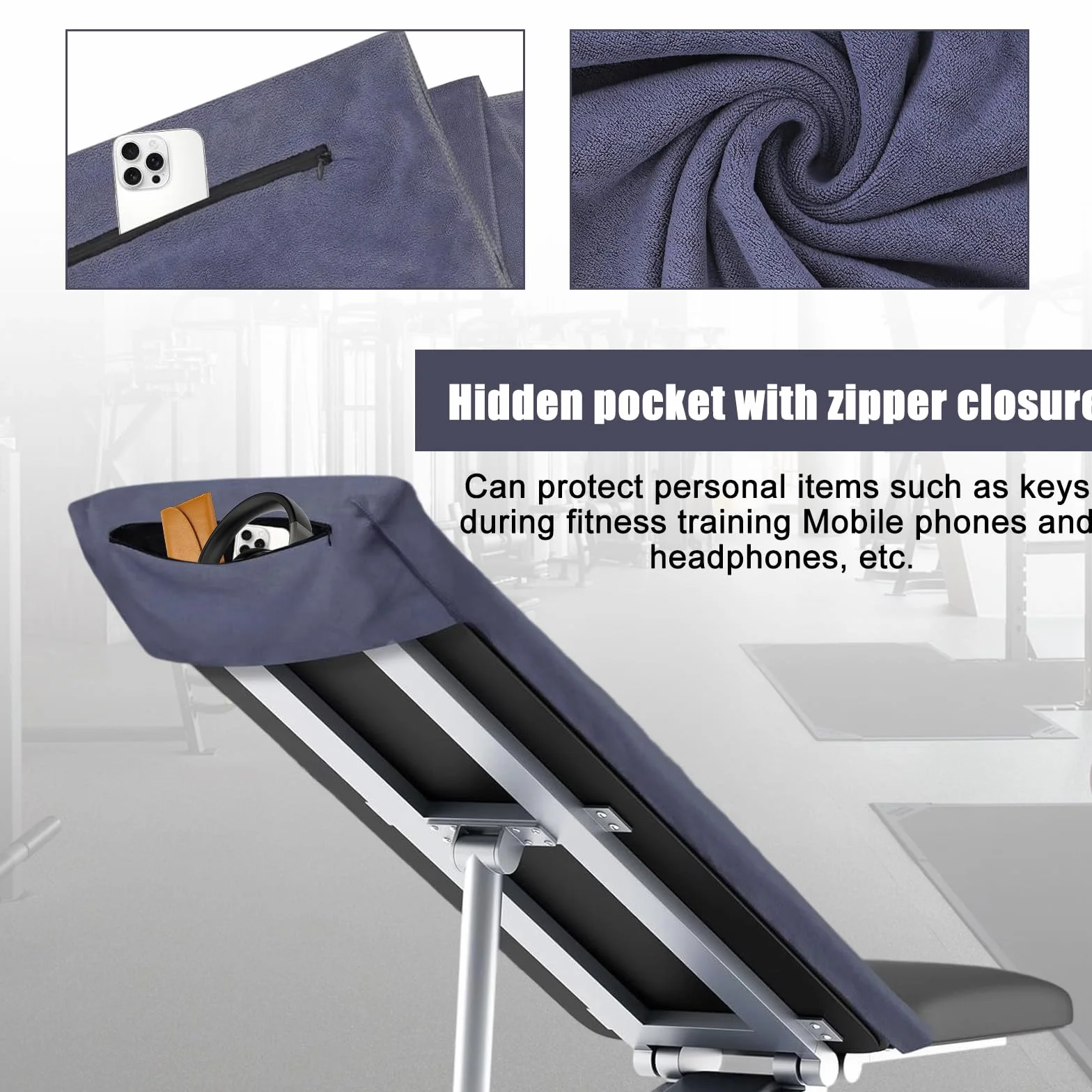 Baieye Toalla de fitness 120x50CM microfibra absorbente con bolsillo cremallera oculta