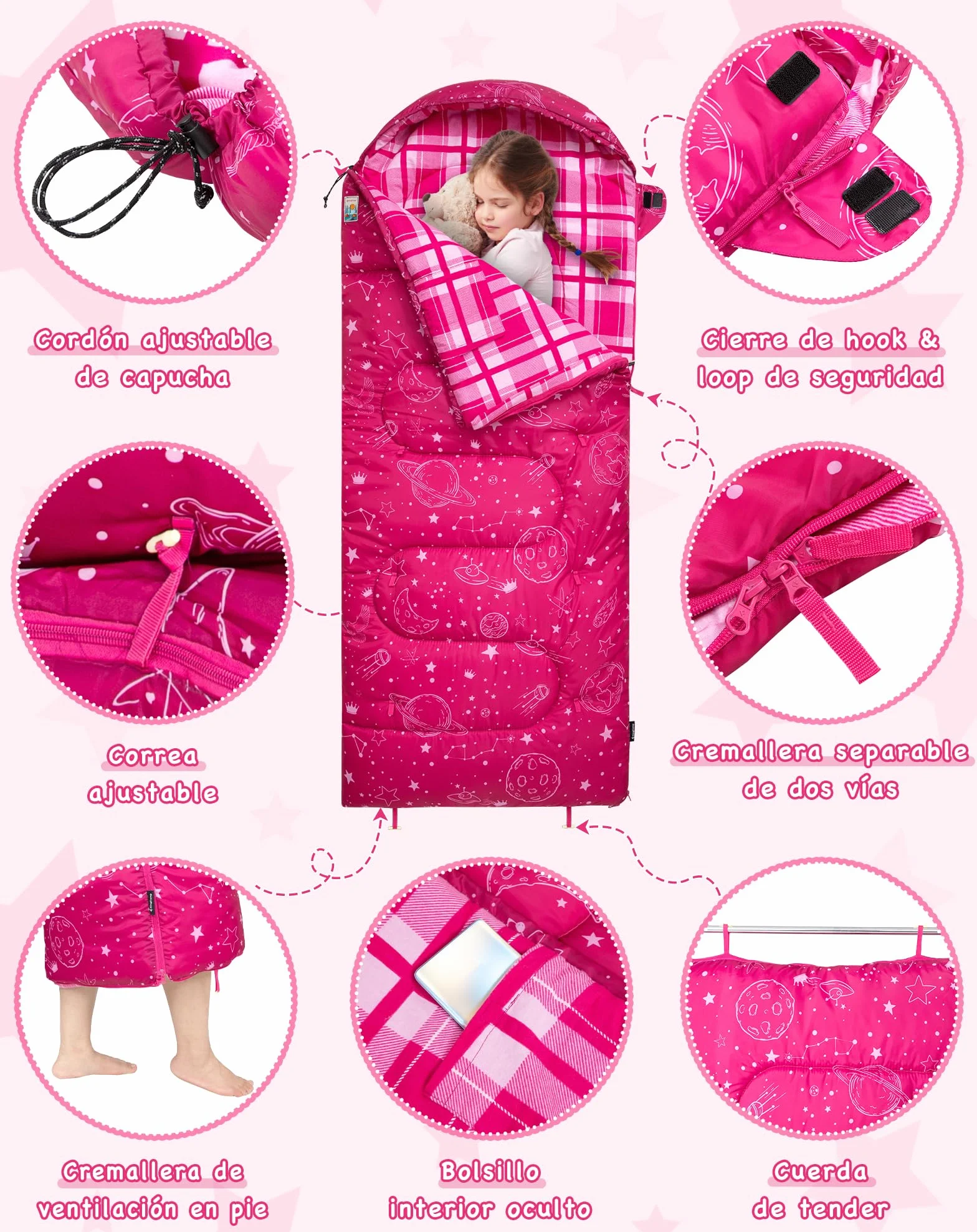 KingCamp Saco de Dormir Niños Franela de Algodón | 170 X 70 cm | 7℃ a -13 ℃ | Cálido y Cómodo para Niñas(Altura máxima hasta 145 cm) | Invierno Camping Accesorios, Viajes y Actividades