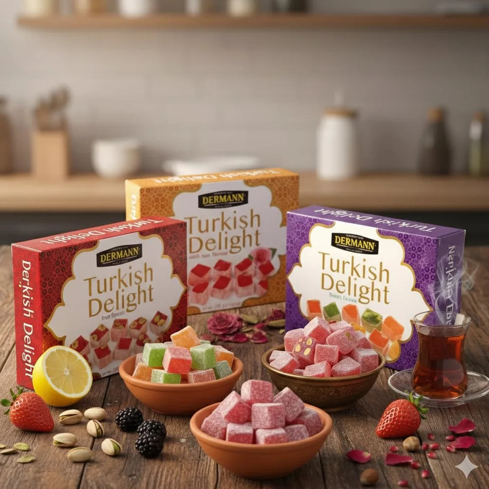 Delicias turcas 4x100g (Set de 4 Sabores: Rosa, Frutas, Frutos Secos y Granada) | Sin gluten | Confitería tradicional de lujo | Vegano, Halal, El Mejor Lokum Turco, Loukoumi