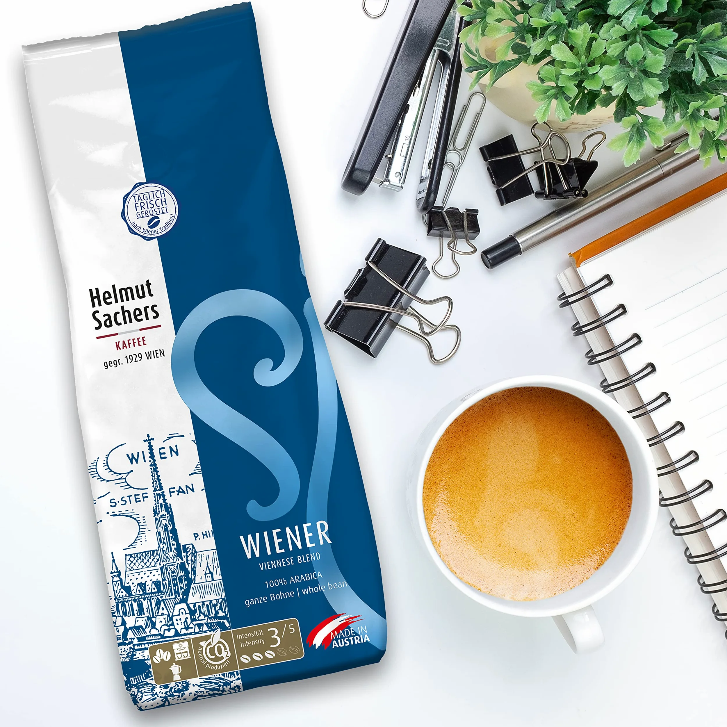Helmut Sachers Kaffee - Mezcla vienesa, intensidad 3/5, 100% arábica, granos de café enteros, 6 x 500 g