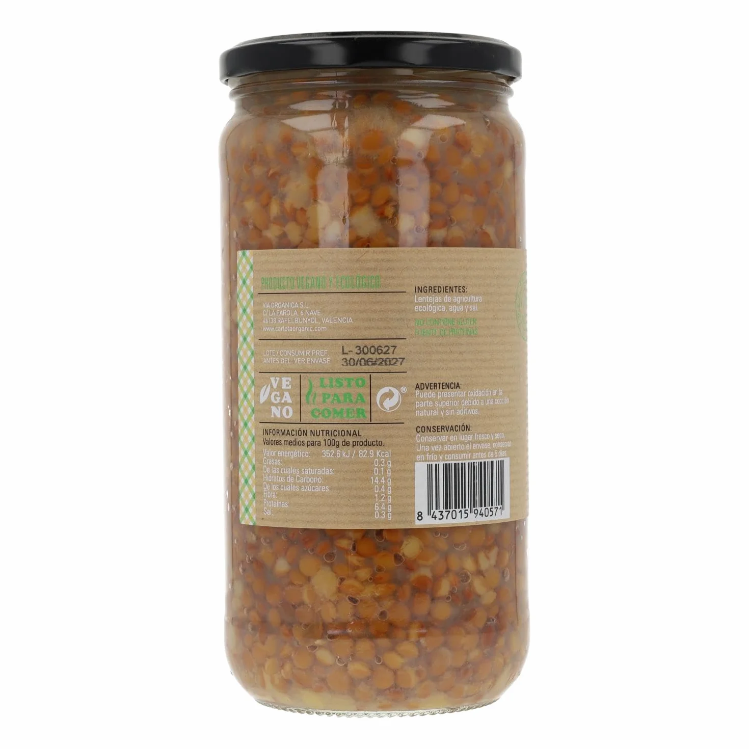 Carlota Organic Lentejas Cocidas 720 gr