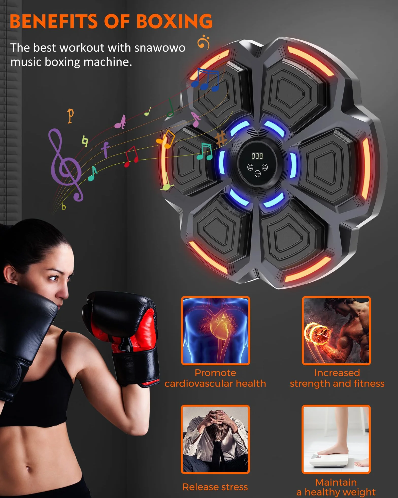 Máquina de Boxeo con Música snawowo - 9 Modos de Velocidad, Bluetooth, Recuento Inteligente, Luces al Ritmo, Guantes Incluidos