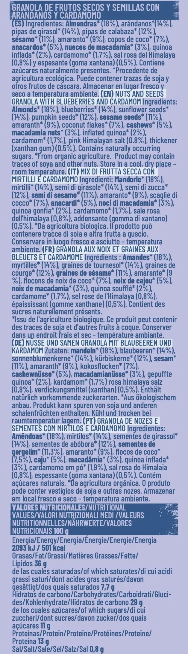 NATRULY Granola BIO Sin Azúcar Refinado Sin Gluten Frutos Secos y Semillas Arándanos 2x325g