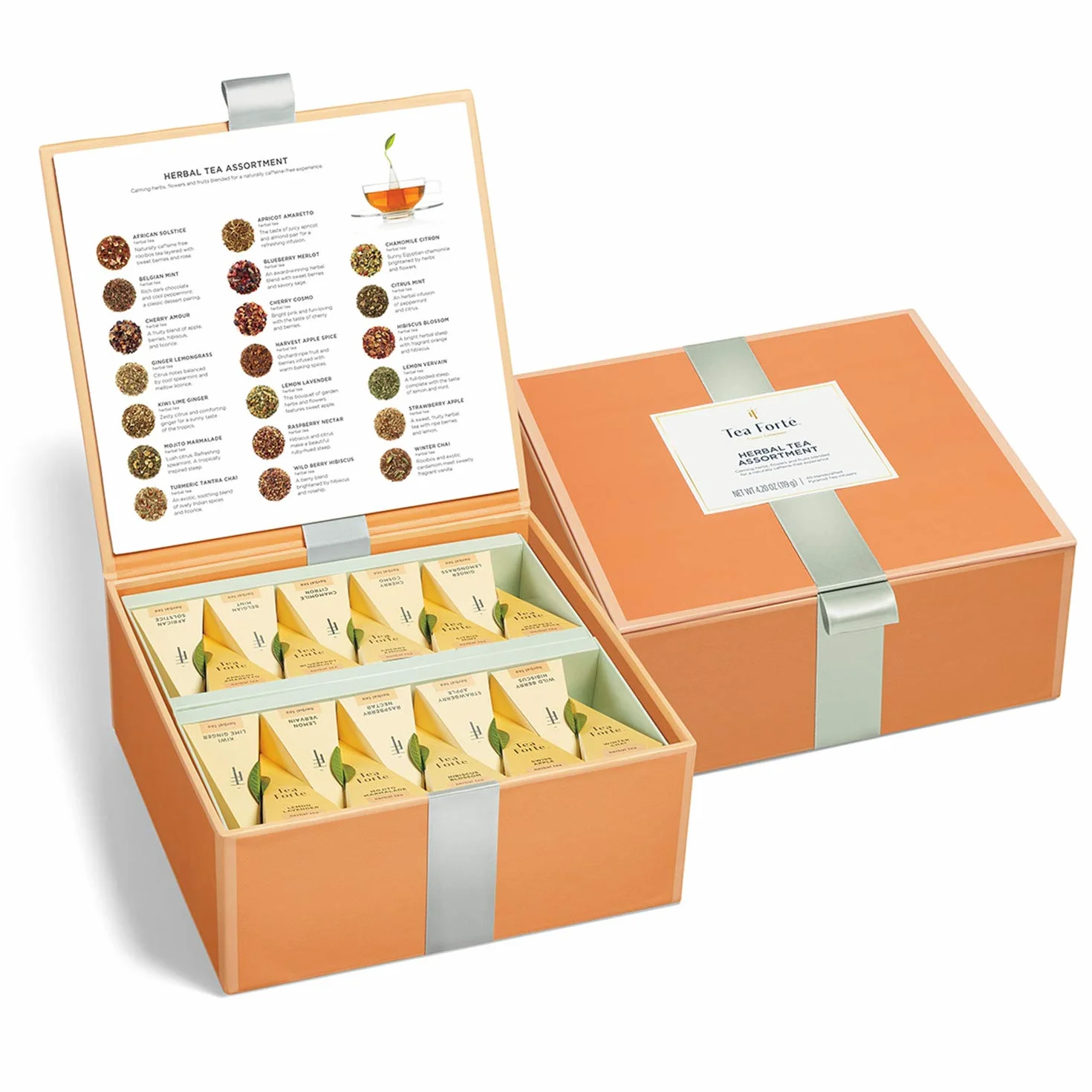 Caja de Té Herbal Surtido de Degustación 40 infusores de Té con Forma de Pirámide Hechos a Mano de Te Forte - Manzanilla, Chai, Menta y mucho más.
