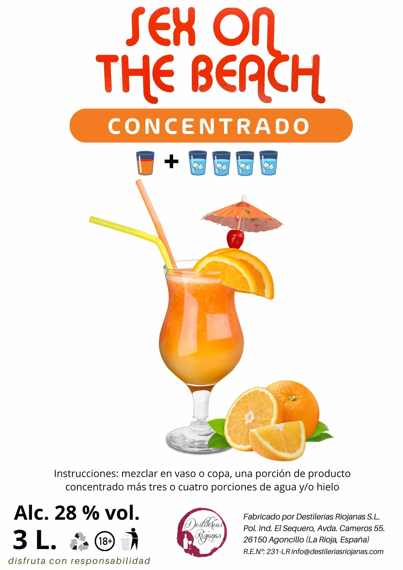 Concentrado Cóctel Sex On The Beach Bag en Box 3,3 Kg (3L) 28% Vol. Rinde 15L o más de 50 vasos diluído en Agua y Hielo. Un Cocktail Más Rentable y Rápido en Menos Espacio. Por Destilerías Riojanas