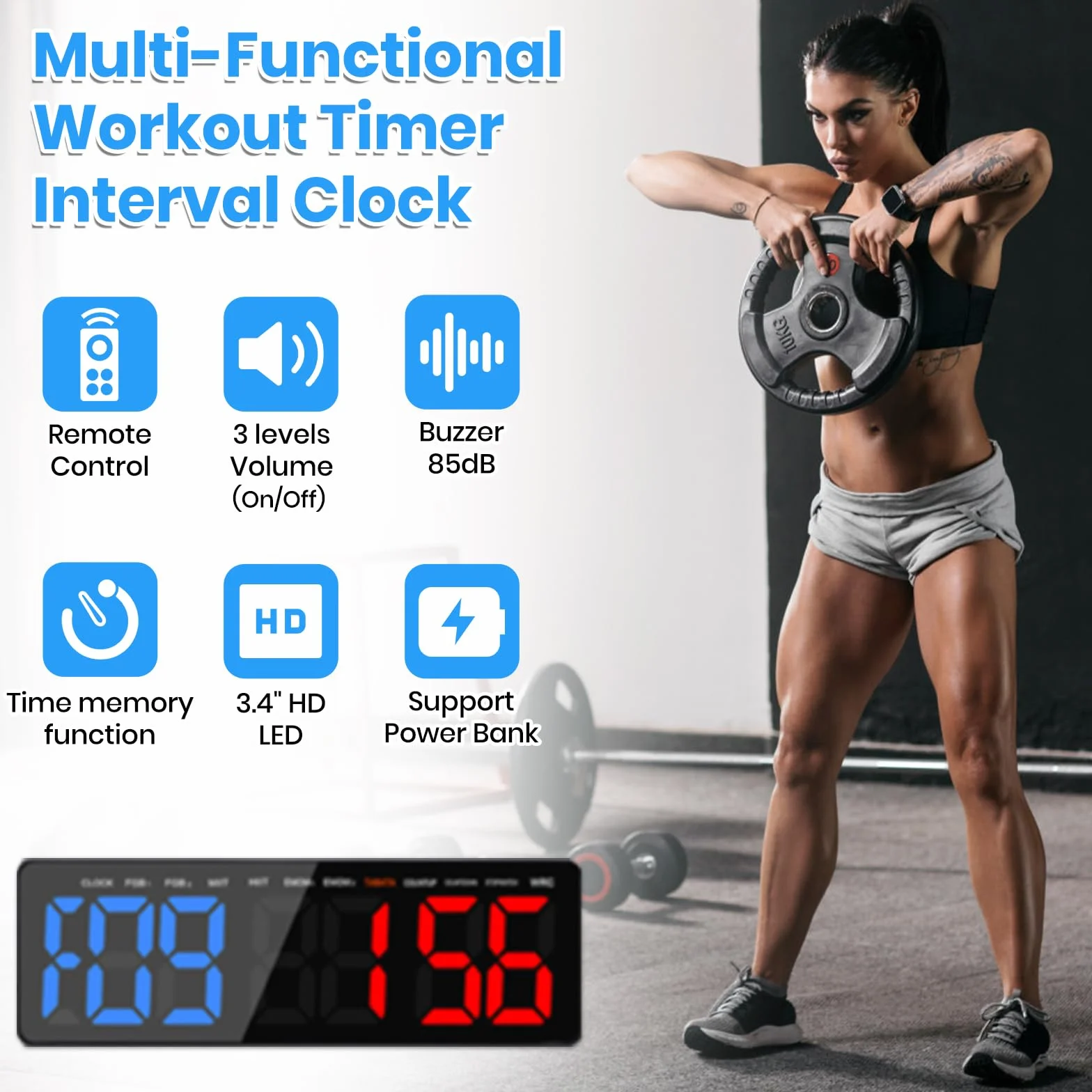 Temporizador de Gimnasio LED 16.5" Grande Reloj de Pared Digital con Countdown & Up Cronómetro, Brillo y Volumen Ajustable, Control Remoto