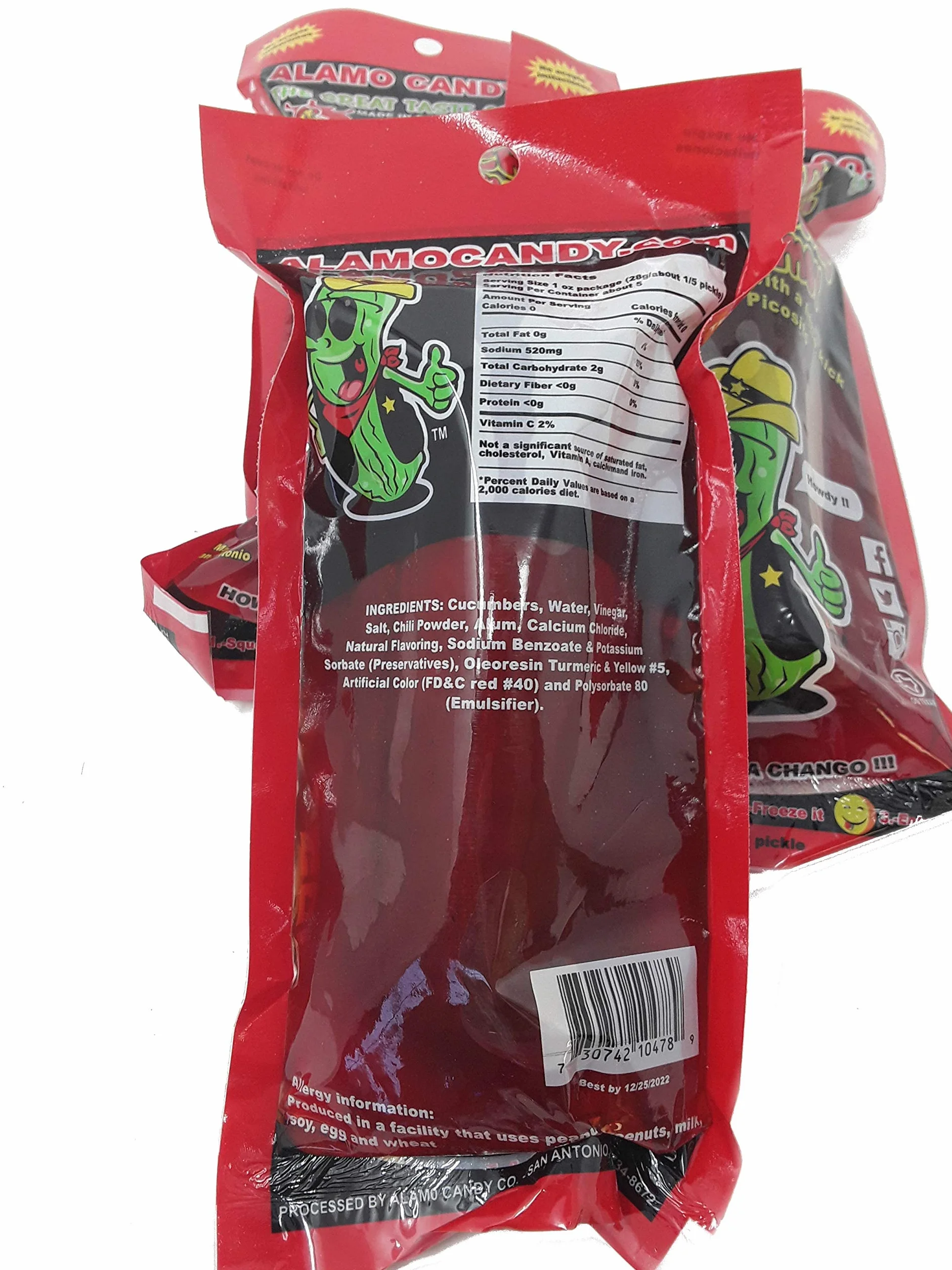 Alamo Candy Big Tex Pepinillo de eneldo en chamoy Tres encurtidos Envueltos individualmente