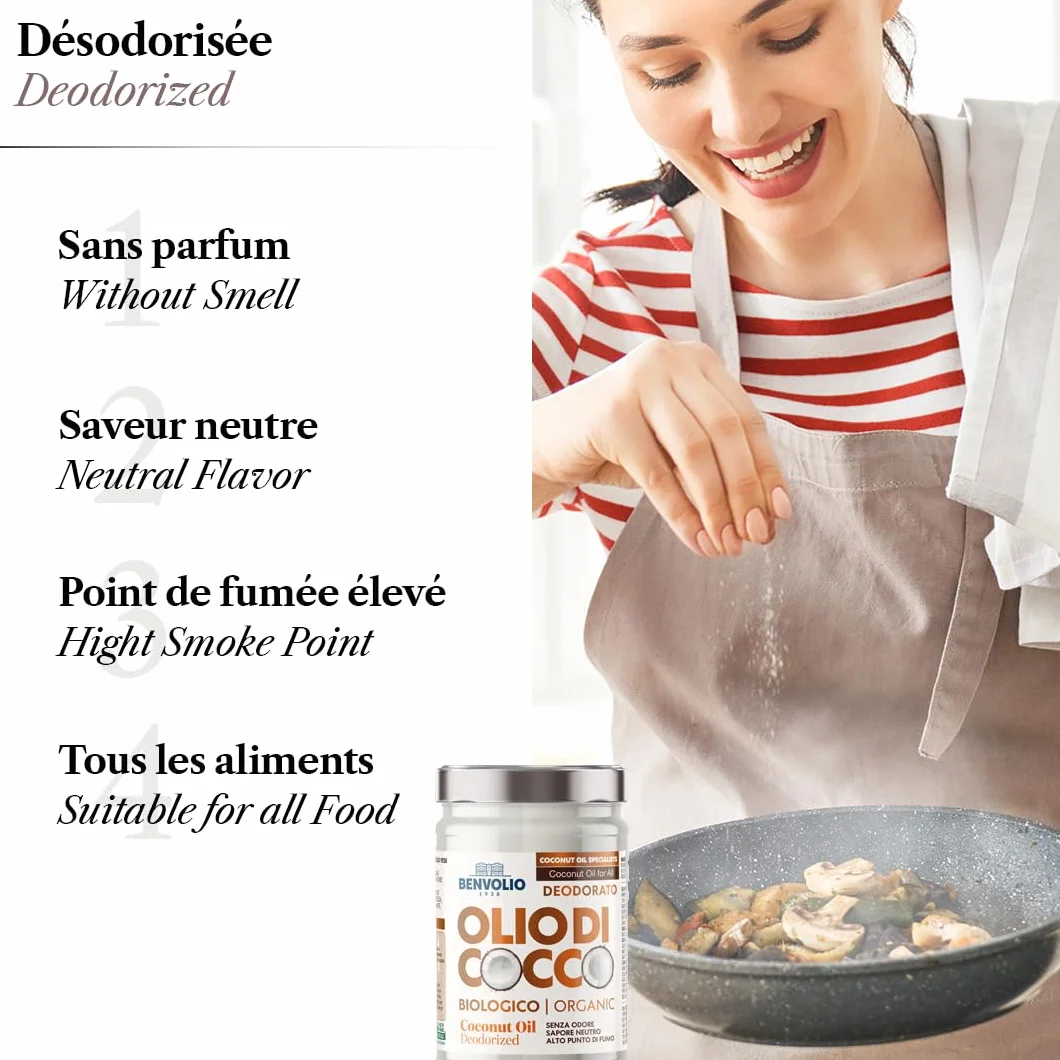 BENVOLIO - Aceite de coco orgánico desodorizado | 950 ml | Puro, versátil e inodoro | Sin lactosa | Hidratante para la piel y el cabello | Cocina y cuidado personal | Aceite de coco y kokosöl