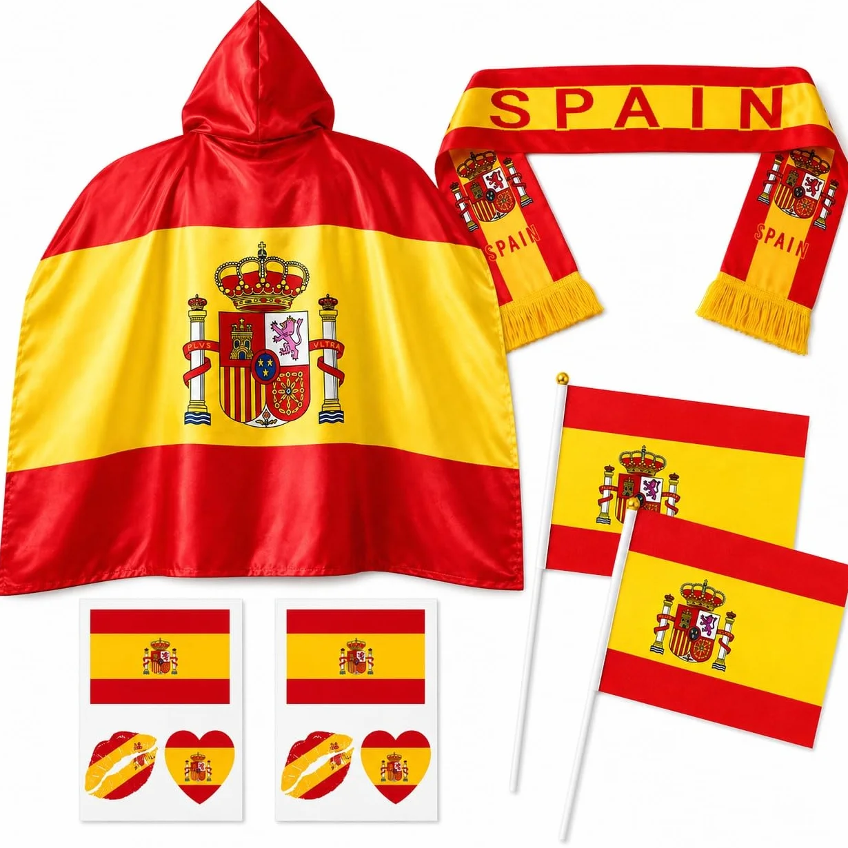 Kit Animación Mundial 2026 Capa Bandera España Bufanda Pegatinas Banderines Mano Celebración Partidos Estadio