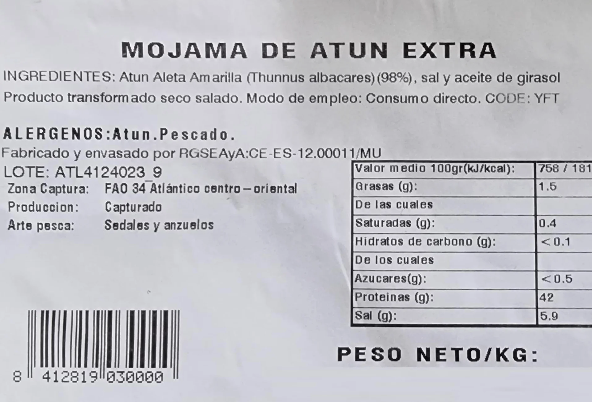 Barra de mojama de atún extra. (1.6 kg.)