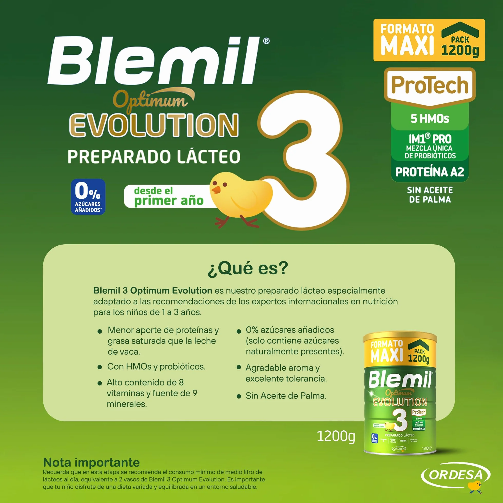 Blemil 3 Optimum Evolution 1200g Preparado Lácteo en Polvo para Niños 1-3 años 0% Azúcares Añadidos sin Aceite de Palma