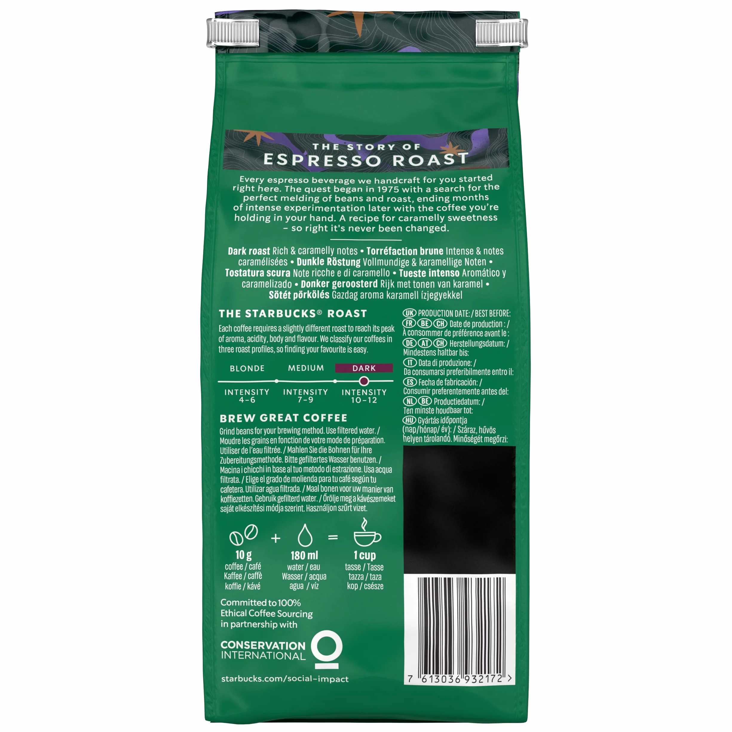 STARBUCKS Espresso Roast Café De Grano Entero De Tostado Intenso, 200g (Paquete de 6)