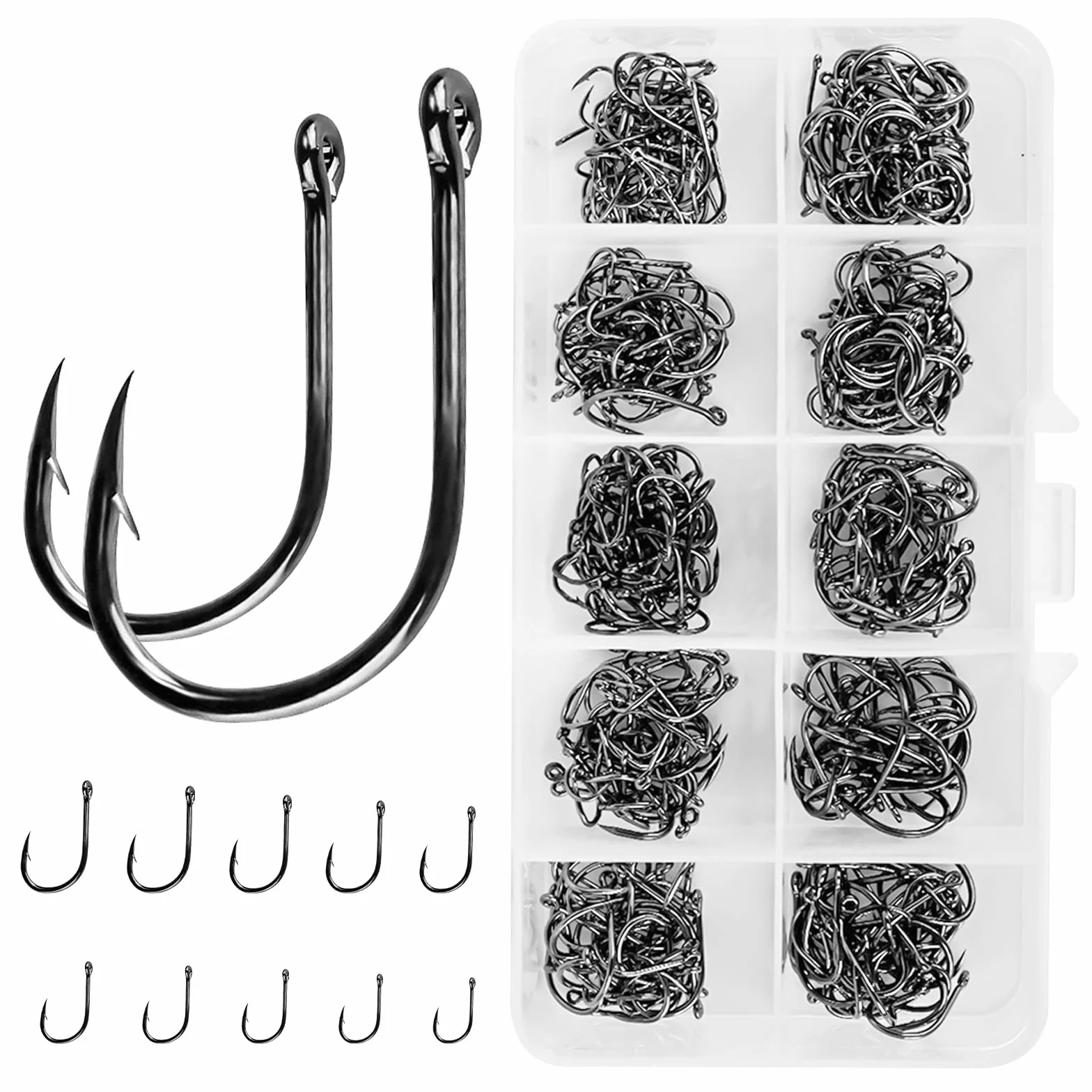 VIPMOON Anzuelos de Pesca de Púas Gancho Afilado de Acero al Carbono con Caja de Plástico para Agua Salada Dulce