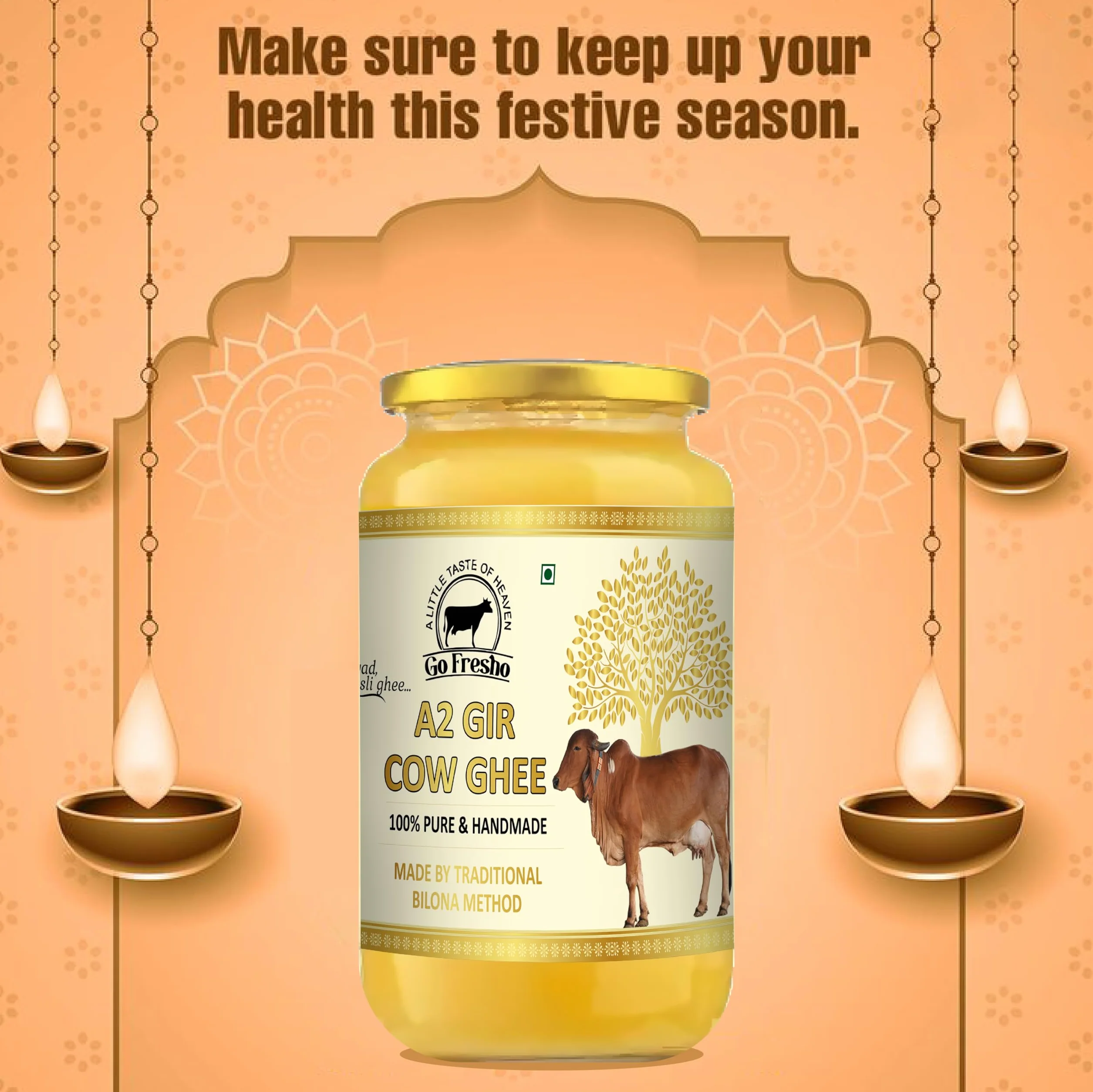 Go Fresho Ghee de vaca Gir A2 | Método Vedic Bilona | Puro, natural y saludable | Botella de vidrio de 1000 ml
