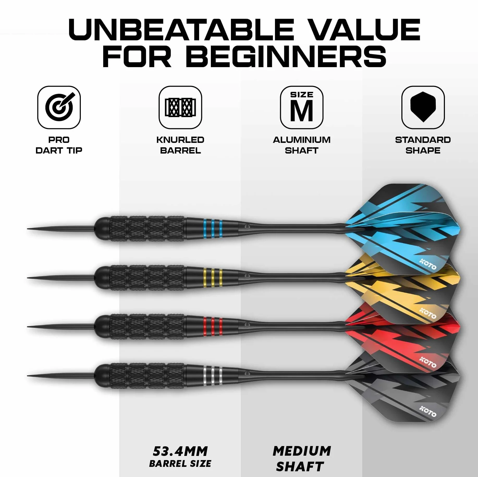 KOTO darts Juego de 4 dardos de latón 23g con maletín de aluminio negro