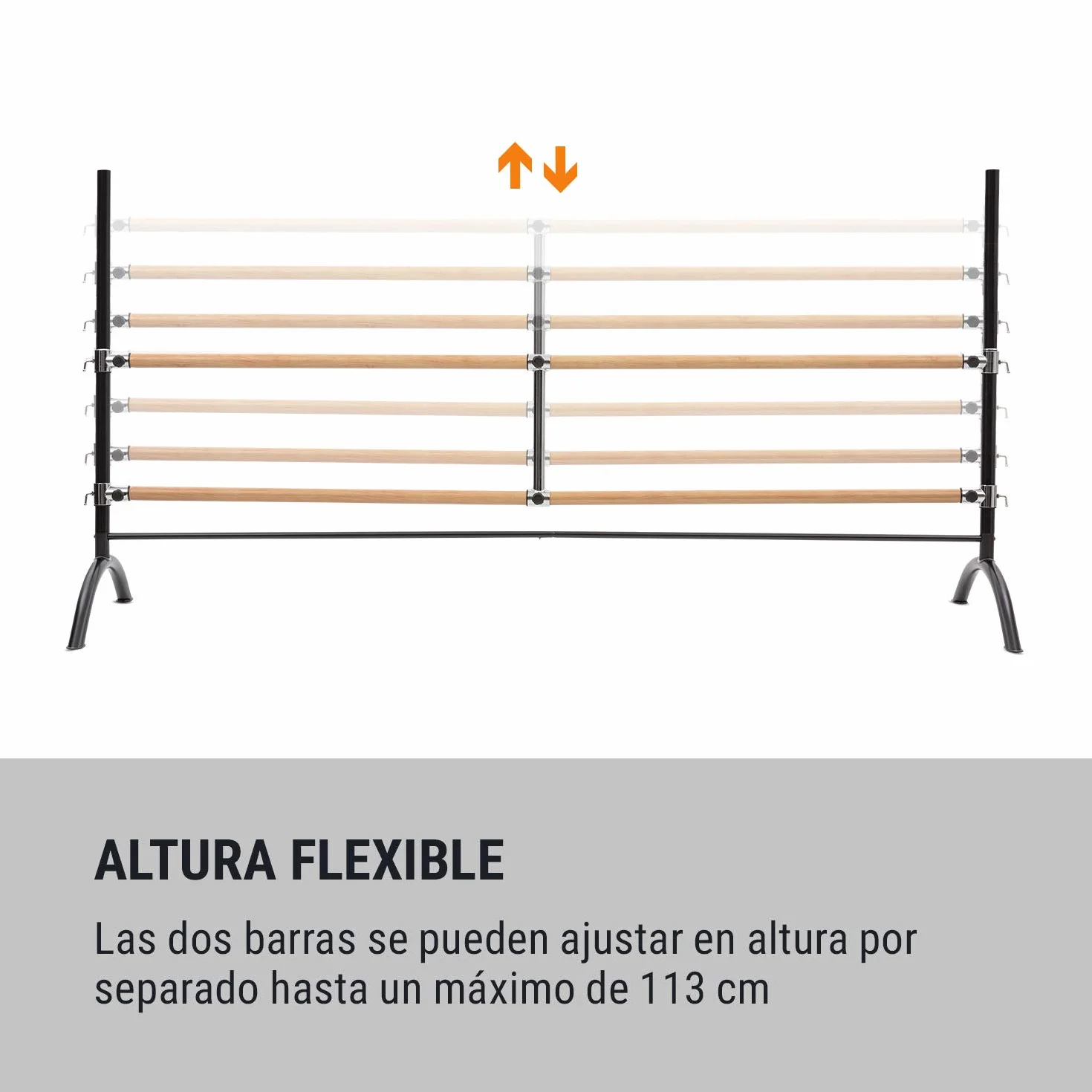 Klarfit Barre Doble de Ballet para Casa, Recubrimiento de Goma Antideslizante, Altura Flexible, Acero con Aspecto de Madera