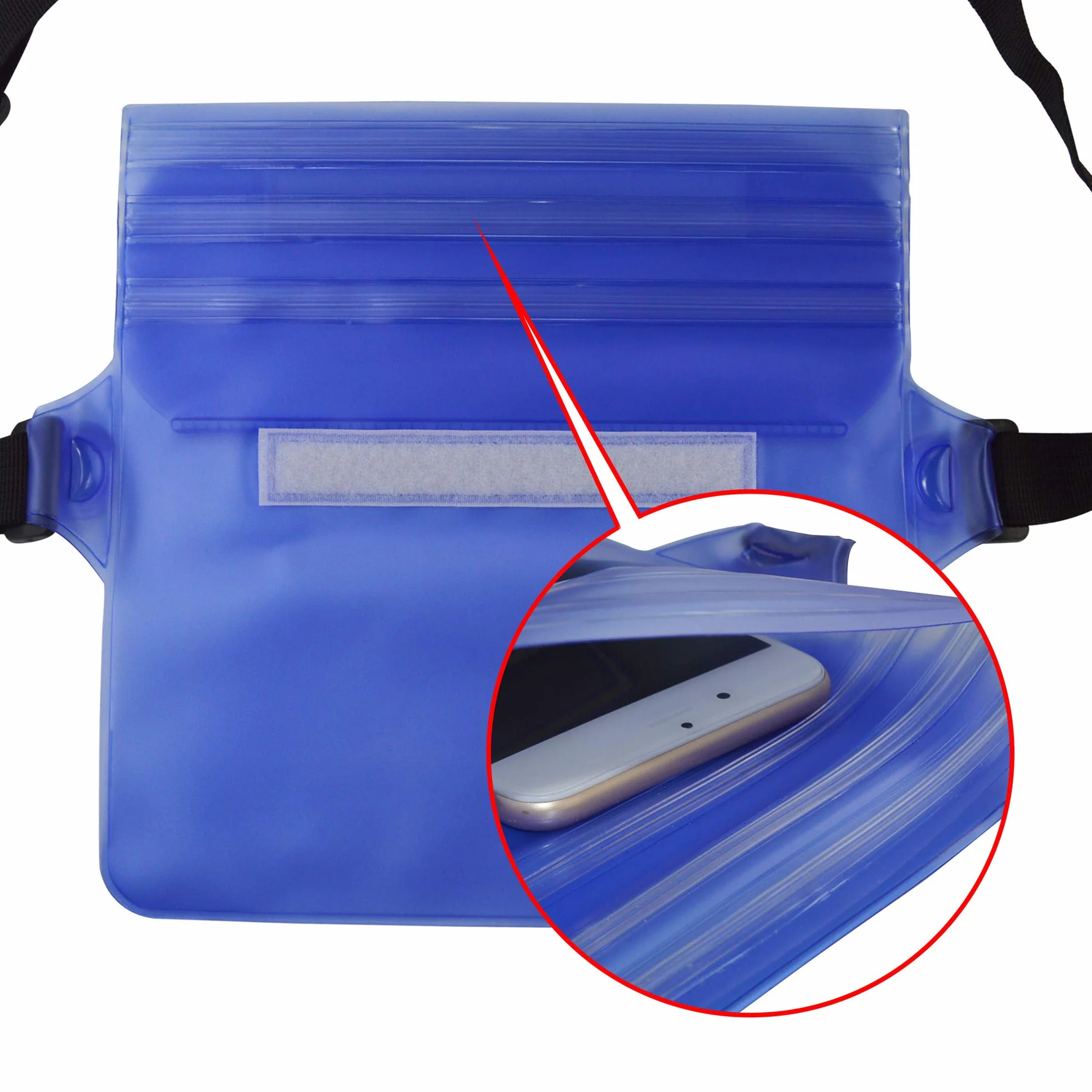 Bolsa Impermeable IPX8 Riñonera con Cinturón Ajustable para Playa Natación, Negro y Azul Traslúcido