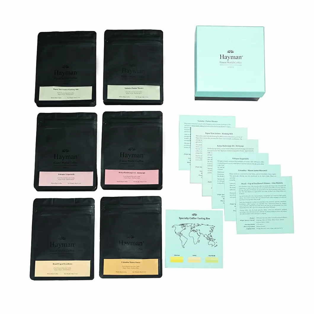 Hayman, Caja de Degustación de Cafés Especiales, Paquete de 6 Selecciones de Cafés Gourmet, Muestra de Variedad Premium, Surtido Regalo, En Grano, Tostado Medio, 6 bolsas con 60 Gramos (360g Total)